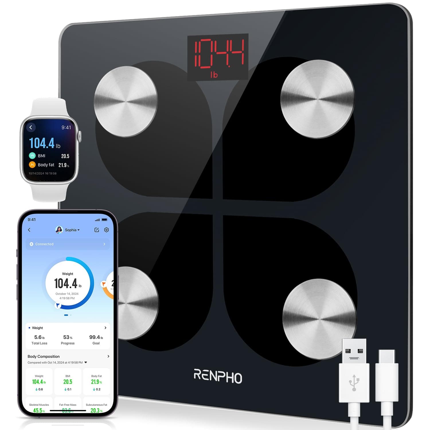 RENPHO Báscula de Grasa Corporal con Bluetooth - Báscula Elegante para Baño BMI Digital Escala, Analizador Recargable de Composición Corporal con USB y Aplicación, Elis 1