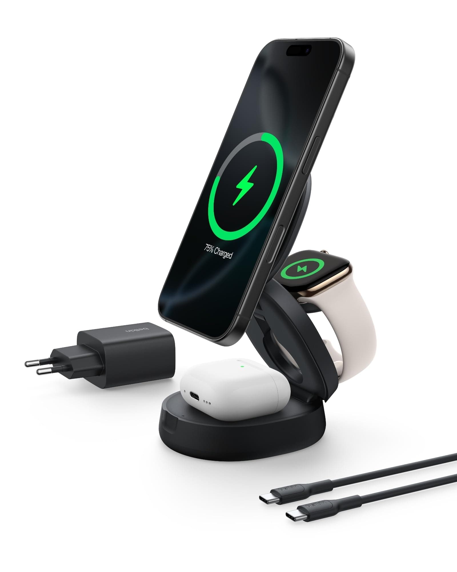 Belkin BoostCharge Cargador Inalámbrico Compatible con MagSafe, Estación de Carga Inalámbrica 3 en 1 de 15W, Certificación Qi2, iPhone 17, Air, Pixelsnap, Apple Watch y AirPods, Adaptador 36W - Negro