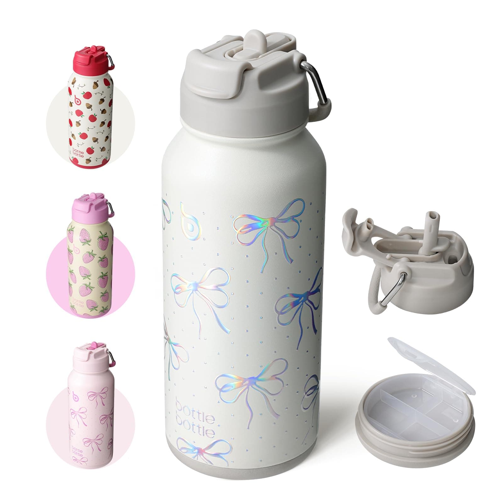 BOTTLE BOTTLE Botella de acero inoxidable de 1 litro con pajita - Botella isotérmica a prueba de fugas para deporte y gimnasio, con compartimento para píldoras, sin BPA, de doble pared (lazo brillante