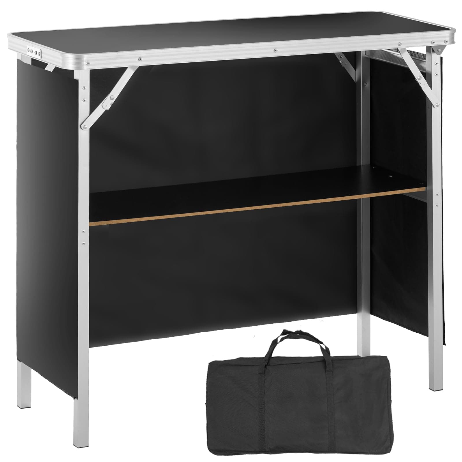 VEVOR Comptoir de Stand Foire Salon 97,5 x 38,5 x 87 cm Table de Bar Pliante Longue et Portable avec Sac de Transport Étagère de Rangement et Jupe Noire pour Fête Pique-Nique Exposition Commerciale