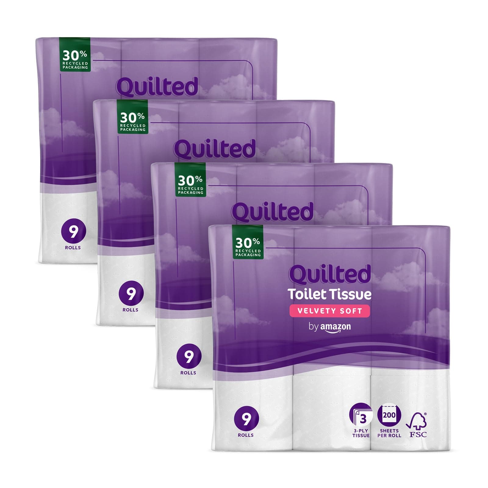 by Amazon Papier Toilette, 3 Épaisseurs Matelassé, Doux et Soyeux, 36 Rouleaux (4 Paquets de 9), 200 Feuilles par Rouleau, Certifié FSC