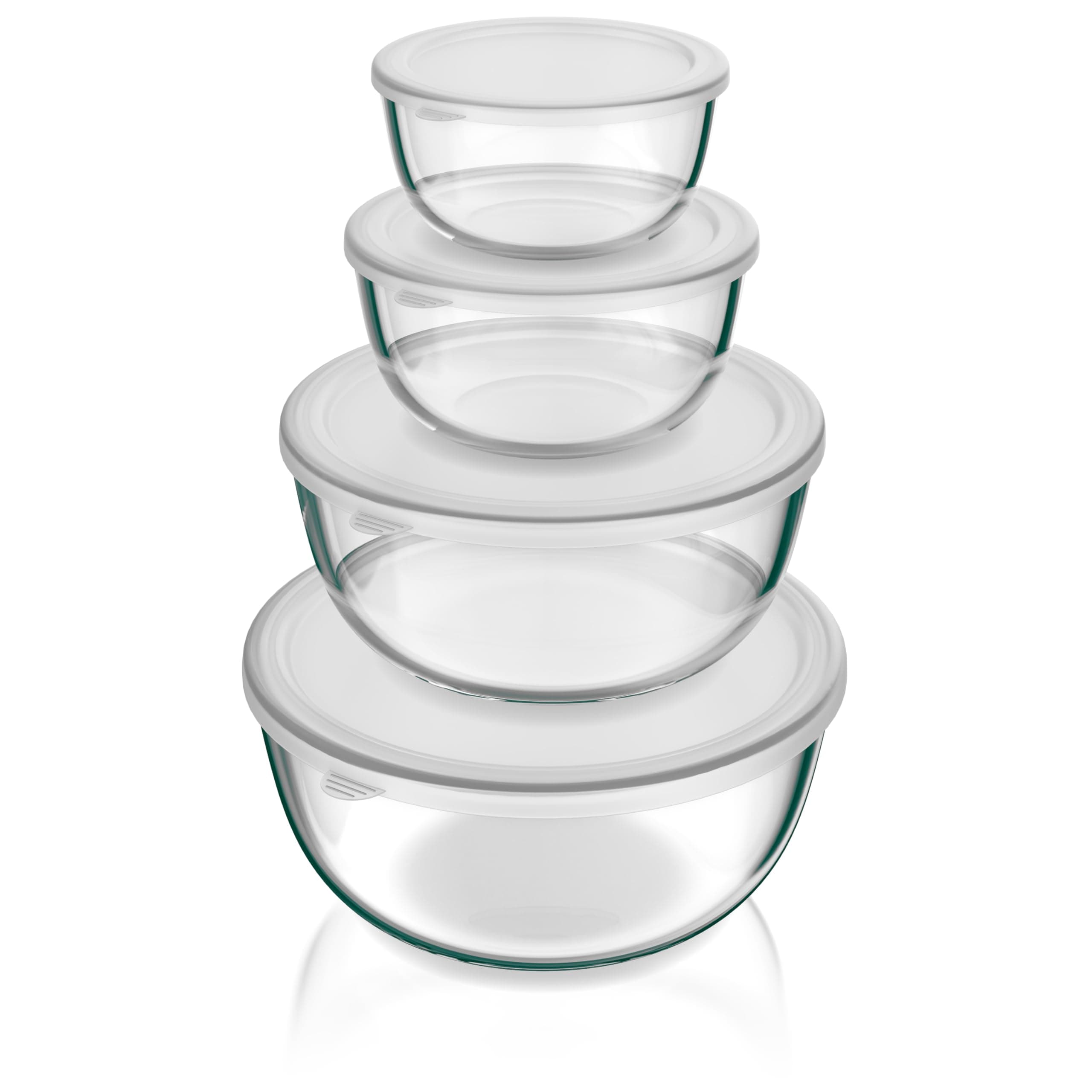Arendo - Rührschüsseln aus Glas mit Deckel - Glasschüssel 4er Set - 700ml + 1100ml + 2700ml + 4400ml – Rührschüsseln klein bis groß – Borosilikatglas - Salatschüssel Glasschale Salatglasschale