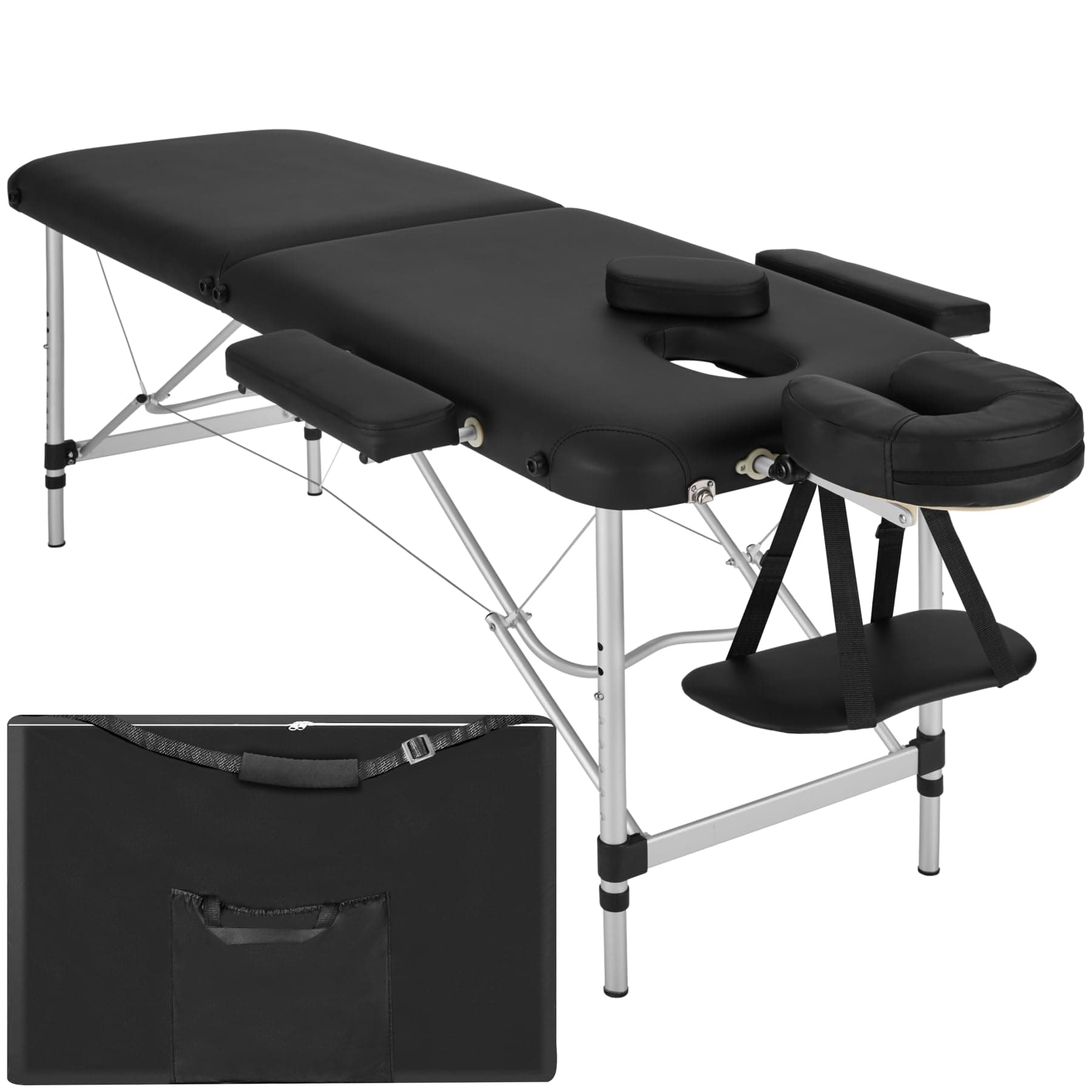 tectake Massageliege 2 Zonen, Massagetisch, Massageliege klappbar, höhenverstellbare Aluminium Massageliege, Portable Massagebank inkl. Zubehör, Alu-Kopfstütze, Armlehne und Tragetasche - schwarz