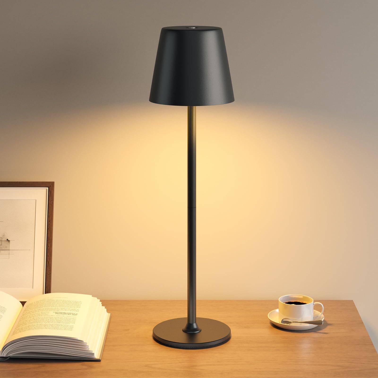 UPXNBOR Lampada da Tavolo in Metallo, Lampada LED da Tavolo Senza Fili Ricaricabile, 3 Livelli di Luminosità Regolabili, Corpo Metallico Completo, Doppia Batteria, Ricaricabile via USB, Nero