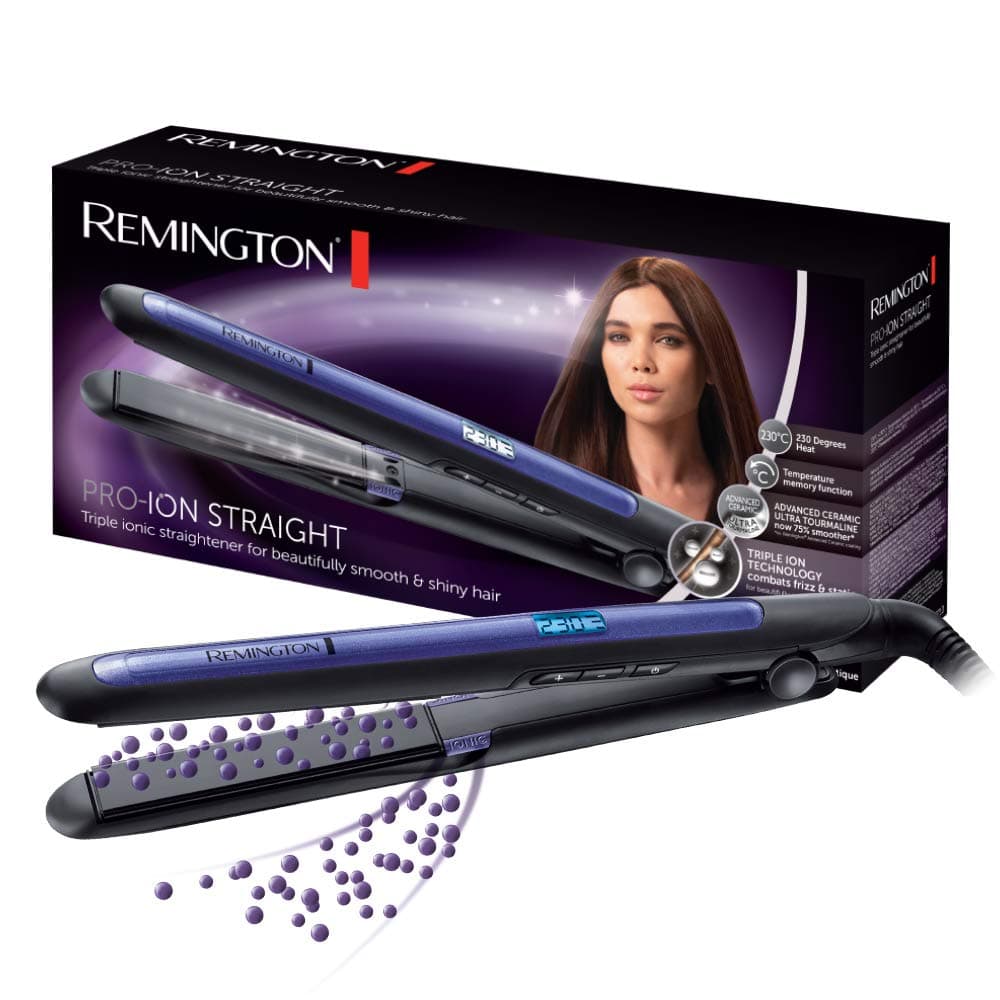 Remington: Piastra per capelli - Tecnologia a Triplo Ione: meno effetto crespo e carica statica -Rivestimento in Ceramica ultra, Tormalina, display LCD, 150-230°C, funzione aumento temperatura, S7710