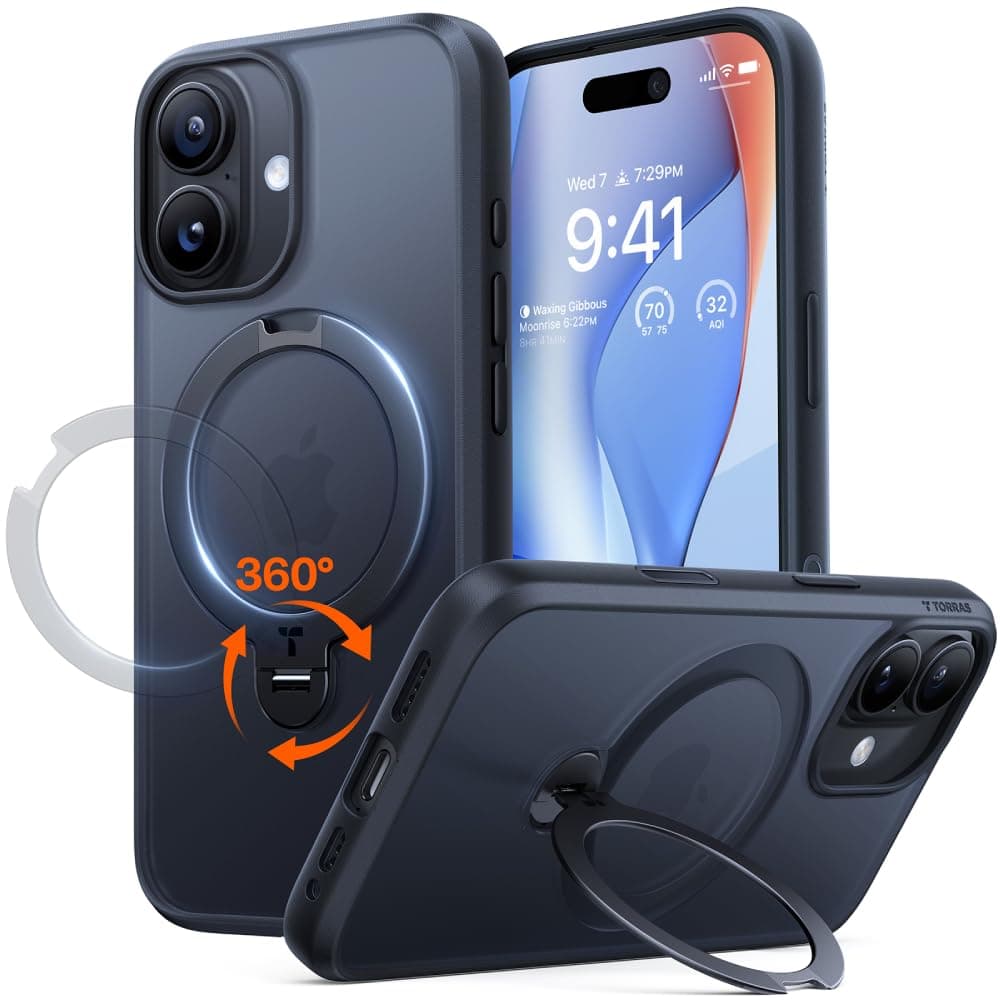 TORRAS Ostand Q3 Spin für iPhone 17 Hülle (360°Stabilen Ständer für Magsafe) Militärschutz Handyhülle für iPhone 17 Case mit Kamera-Tastenschutz Schlank Kratzfeste Matt Rückseite Schwarz