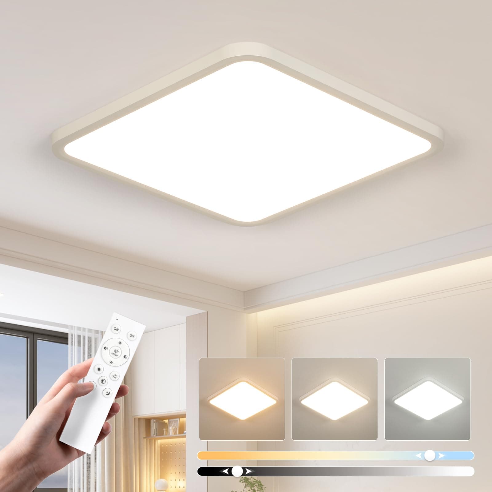 EASY EAGLE Plafonnier LED 50CM Dimmable 52W Lampe Plafond Moderne avec Télécommande 3000K-6500K, IP44 Luminaire Plafonnier Carré pour Salon Salle de Bain Cuisine Salon Chambre Couloir Bureau, Blanc