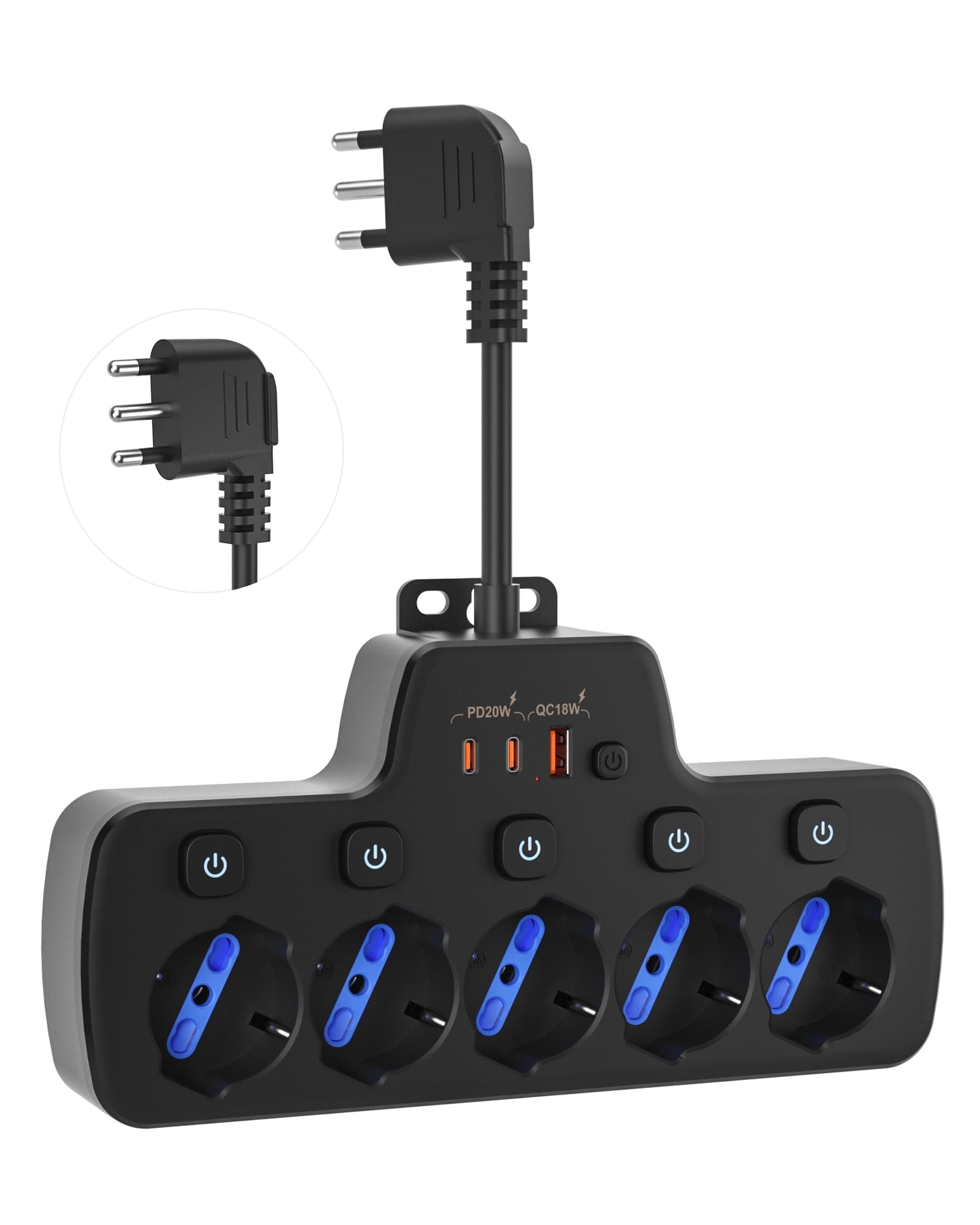 Ciabatta Multipresa Elettrica con Interruttore Indipendenti,Presa Multipla Elettriche Salvaspazio 5 Prese Universali Italiana 10/16A Schuko,USB C PD20W Cavo Corto Flessibile 0,1m Spina 16A 2P+T,Nero