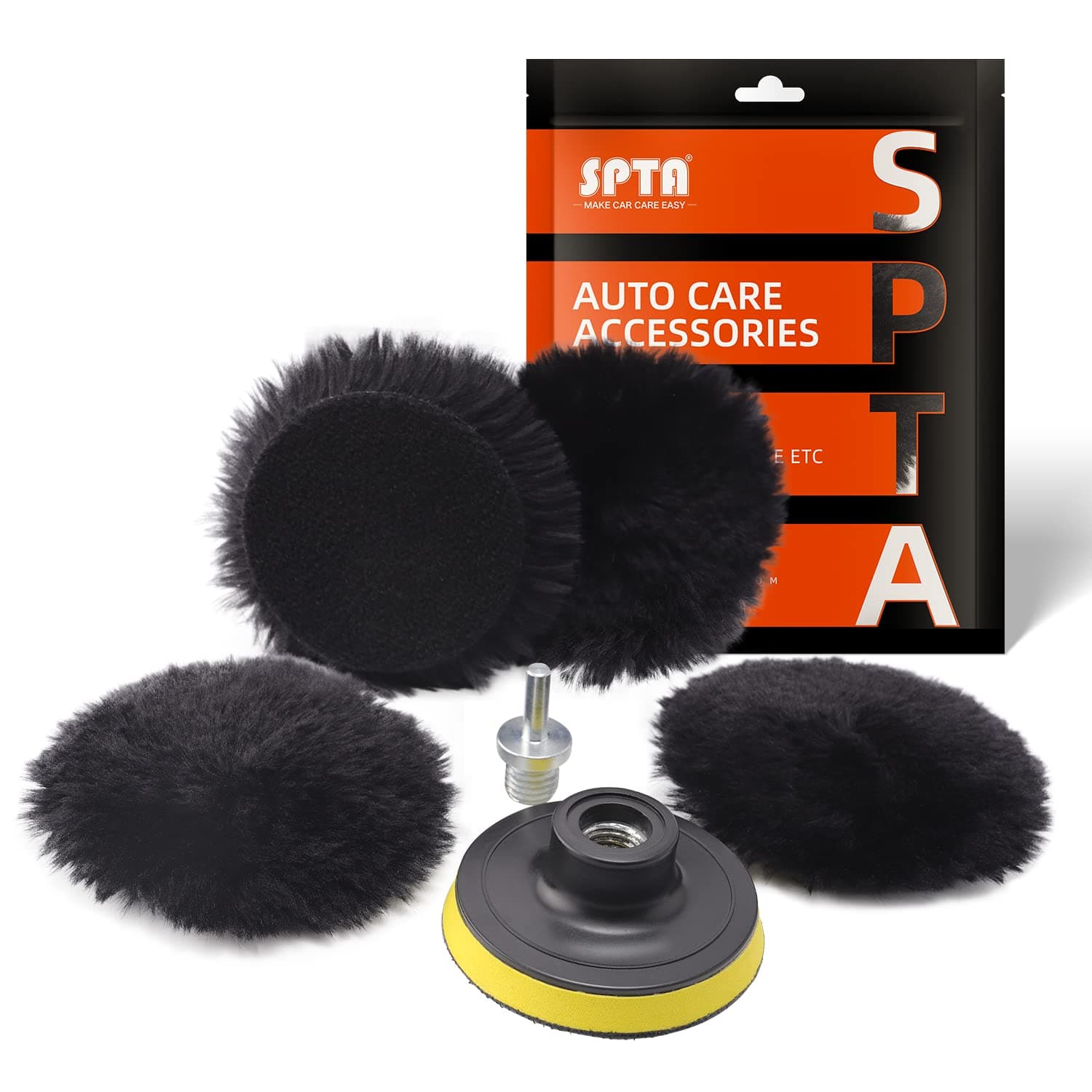 SPTA Lammfell pad, Lammwollhaube, Lammfell, 5tlg 80mm Polieren polierscheibe Polierset Set Wolle Pad Lammwolle 80mm Klett pad polierscheibe + M14 Bohrer Adapter für Auto poliermaschine -HWPPS3M14M6