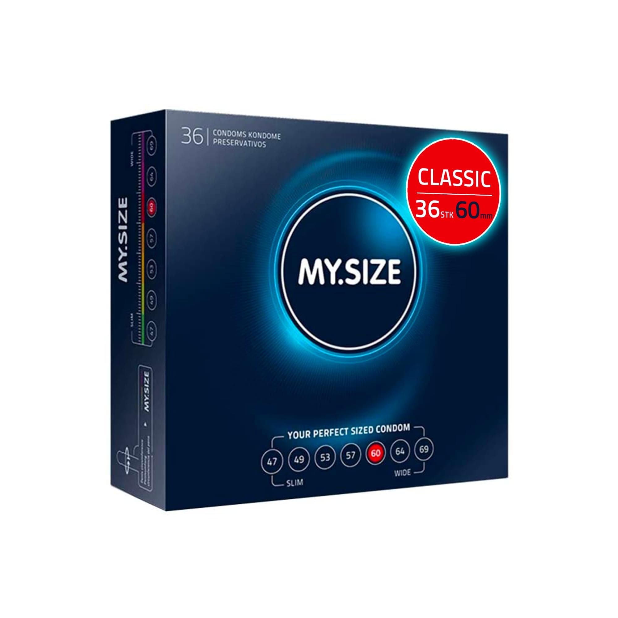 MY.SIZE Classic Kondome Größe 5 | 60 mm Breite | 36 Stück Großpackung | extra dünn gefühlsecht hauchzart | dünne 0,07 mm Wandstärke