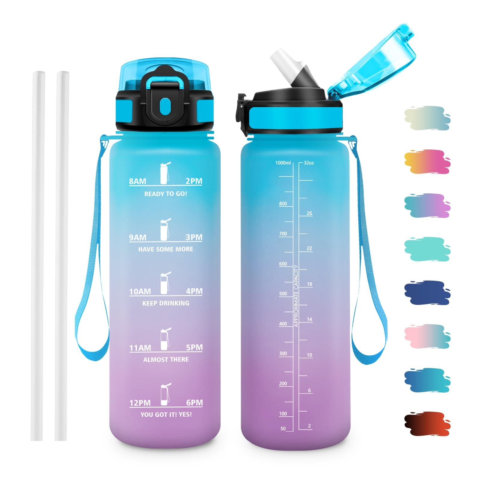 JAPORIA Borraccia 1L, Borraccia con Cannuccia, Bottiglia Acqua Riutilizzabile, Borracce Palestra con Indicatore del Tempo per Studenti, Ufficio