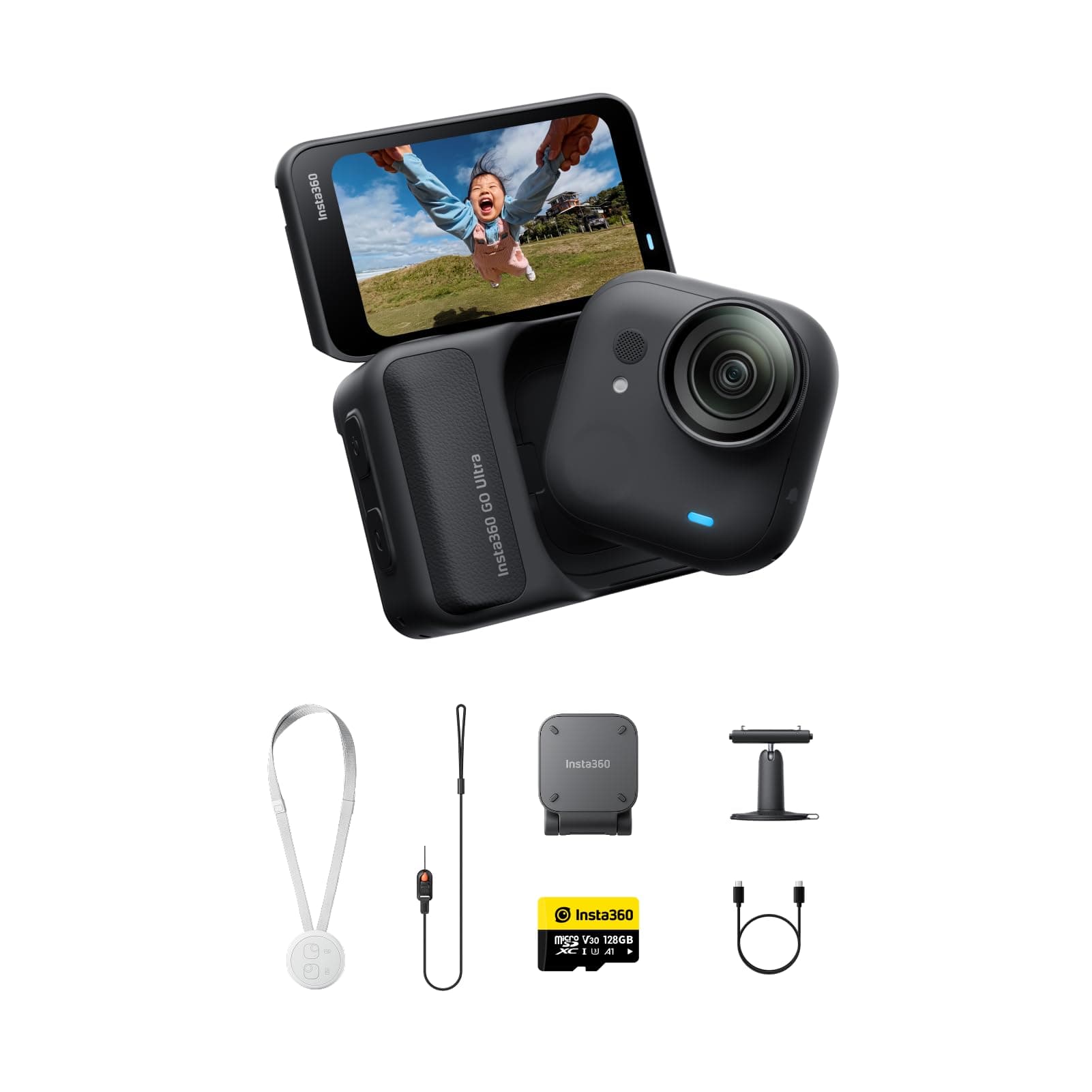 Insta360 GO Ultra Pack Base Nero Notte- action cam mini 4K a mani libere, indossabile, superba in bassa luce, montala ovunque, stabilizzazione FlowState, 200 min di carica, impermeabile 10m