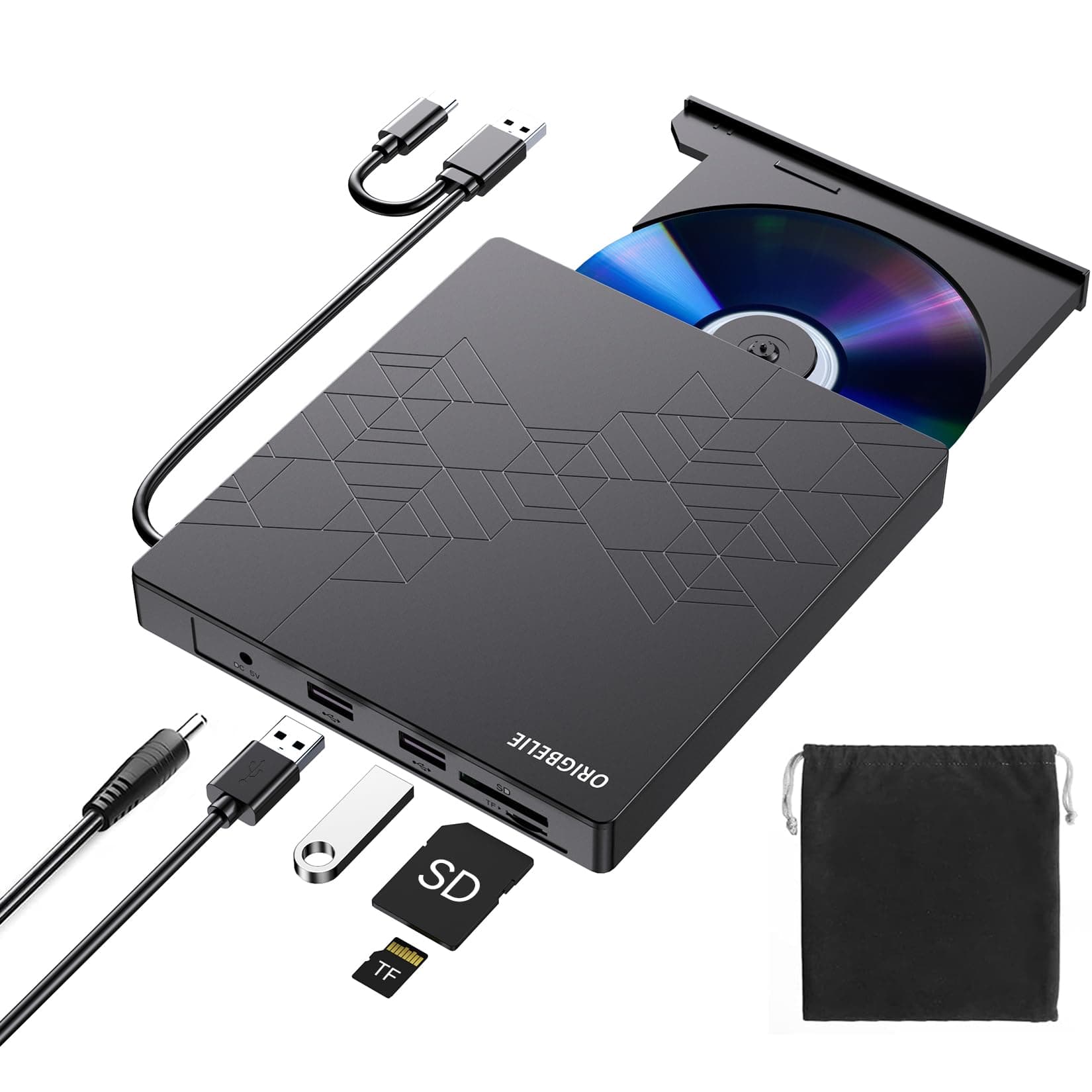 ORIGBELIE Grabadora CD DVD Externa, Ultra Delgado USB 3.0 Tipo C CD/DVD ROM +/-RW Drive con Puerto USB Lector DVD Externo para PC, Portátil, Escritorio, iMac, Windows 11/10/8/7/XP, Linux, Mac OS