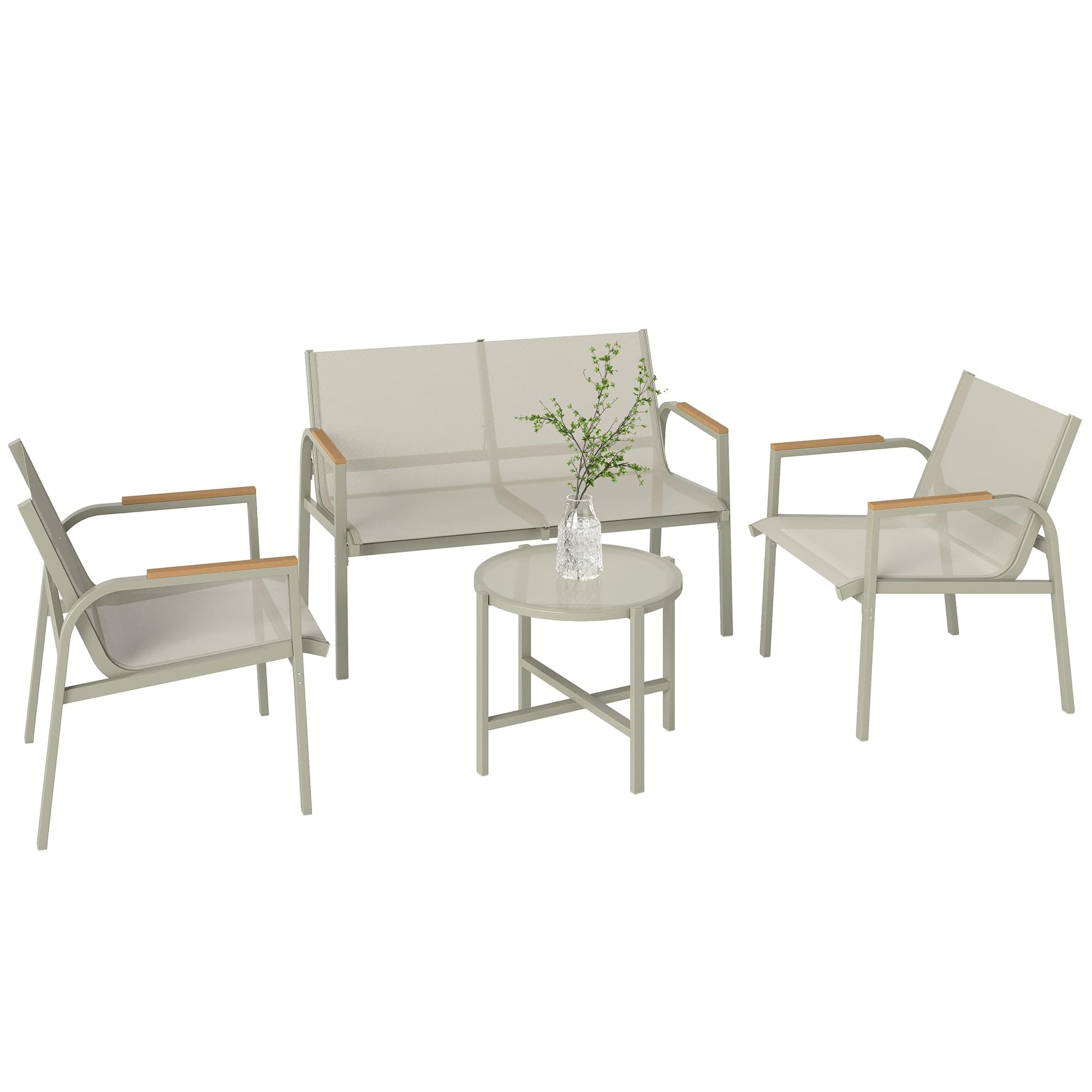 Outsunny Salon de Jardin 4 Pièces en Textilène, Ensemble de Terrasse avec Canapé 2 Places, 2 Fauteuils et Table Basse en Verre Trempé, Mobilier de Jardin pour Balcon ou Piscine, Vert
