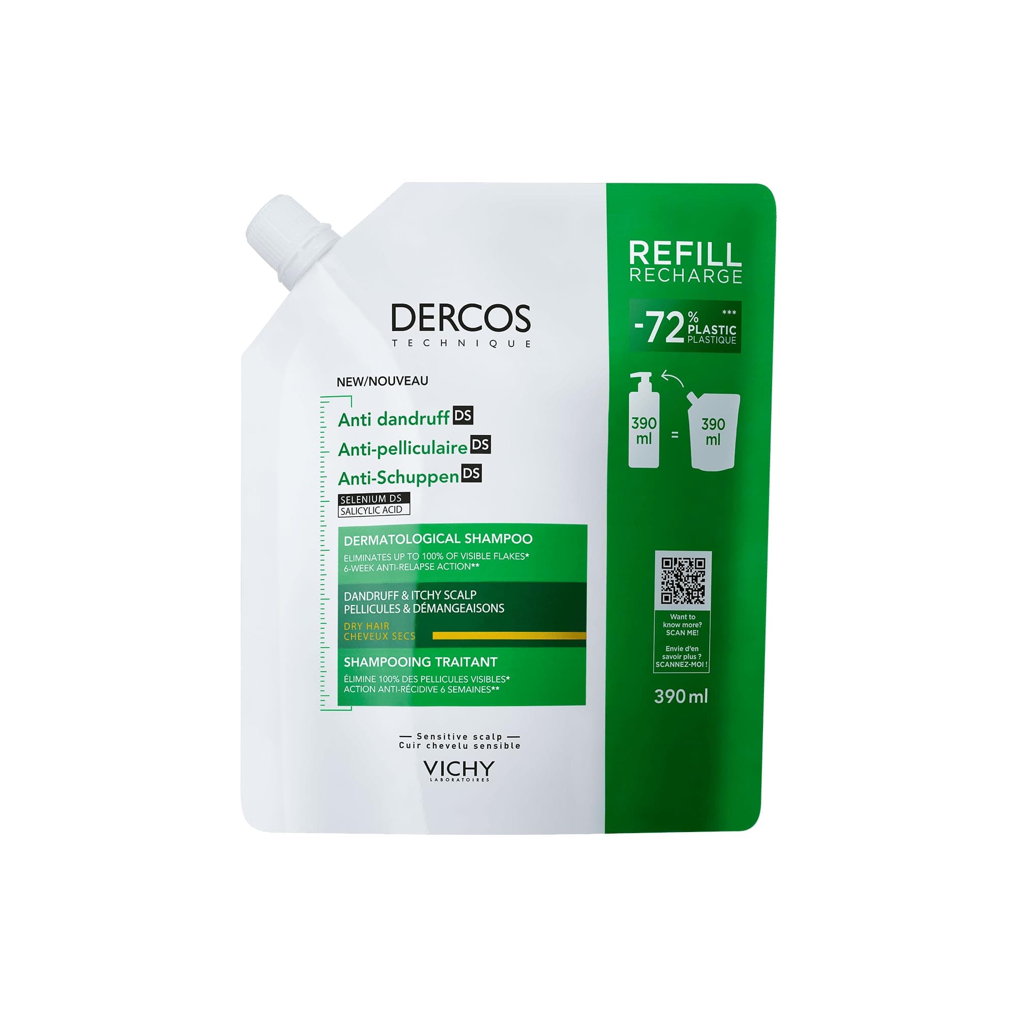 Vichy Dercos Eco-Ricarica Shampoo Anti-Forfora DS per Capelli Secchi, Azione Anti-Prurito e Anti-Ricomparsa, Arricchito Con Selenio, Formato Eco-Ricarica, 390 ml