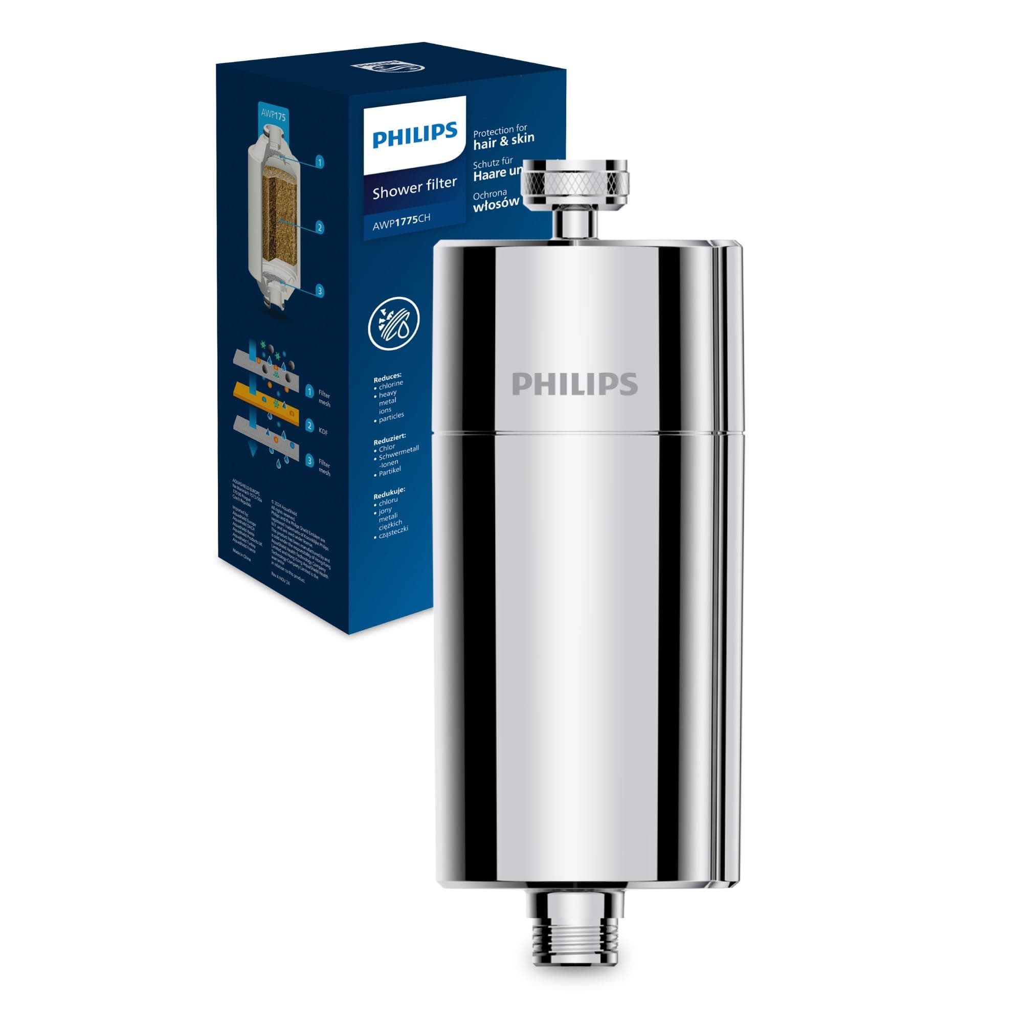 Philips Water filtro de ducha en línea – incluye 1 cartucho, filtración hasta 50.000 L, color cromado, reduce cloro hasta un 99%, fácil de instalar, compatible con la mayoría de duchas