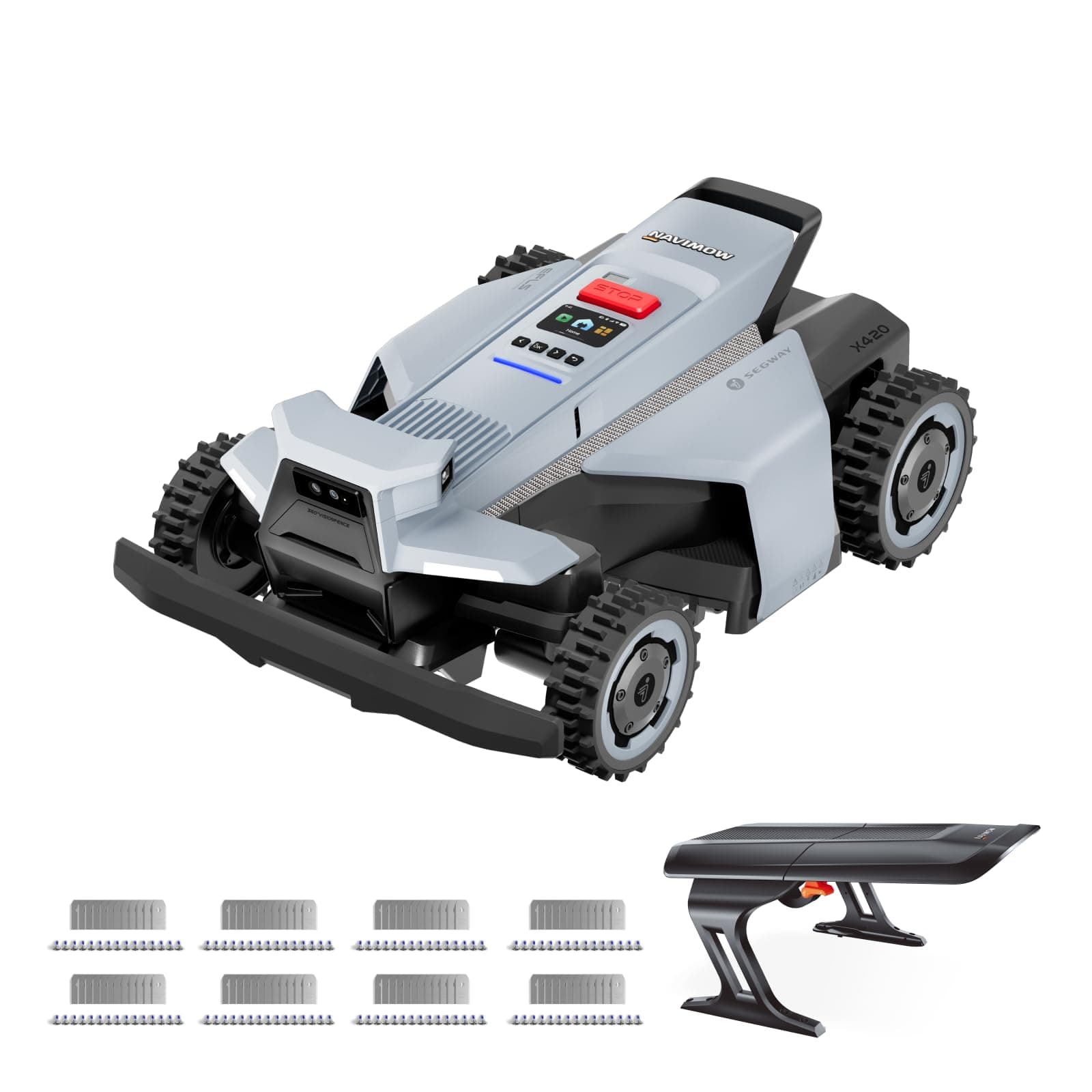 Segway Navimow X420 Mähroboter mit Garage X + 8 Sätze Klinge (separater Versand), für 2000 ㎡, Zero-Turn AWD für 84% Steigungen, NRTK + 360° Vision + VIO, Keine RTK-Basisstation, 25-95 mm Schnitthöhe