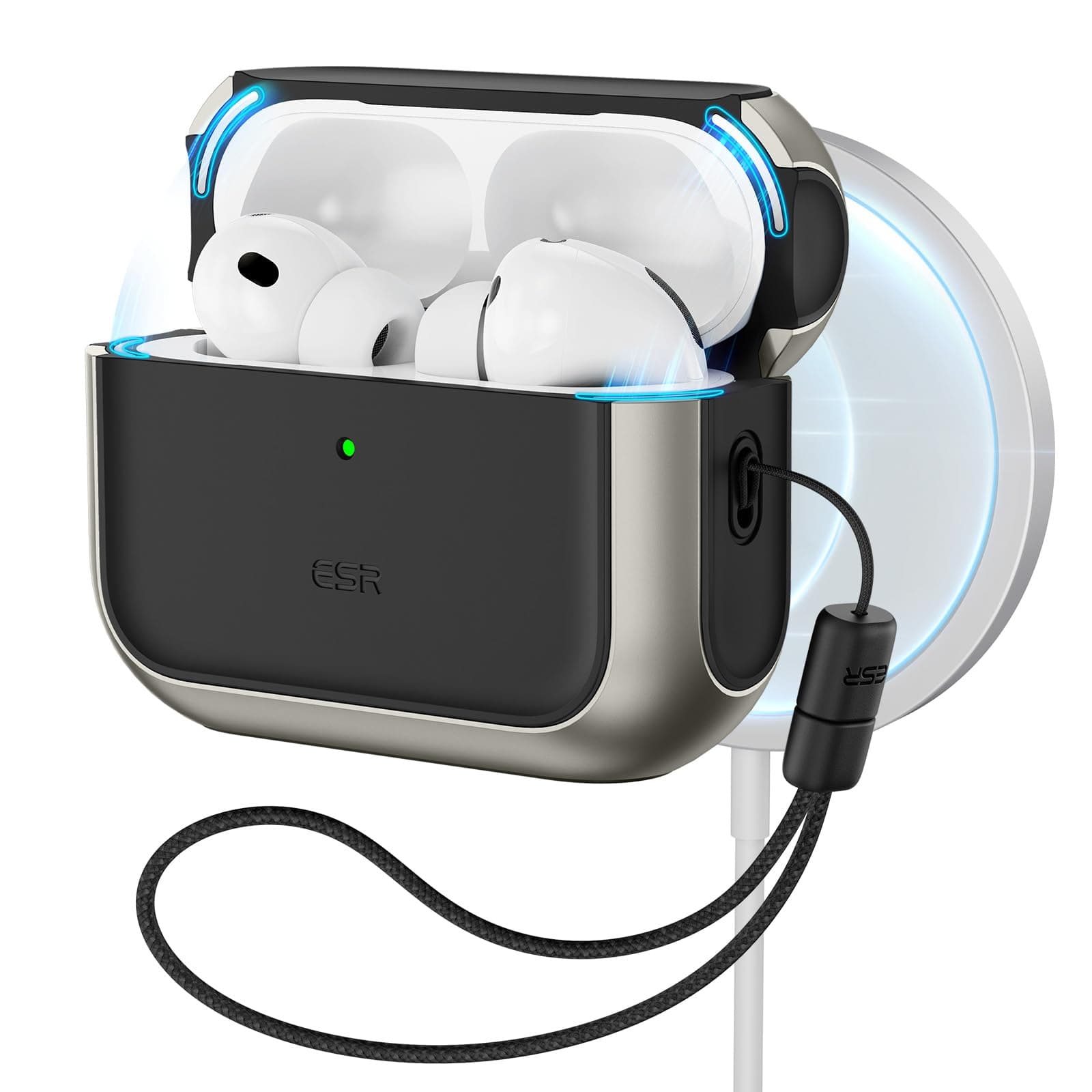 ESR Hülle für AirPods Pro 3, kompatibel mit AirPods Pro 3. Generation (2025), MagSafe-kompatibel, Vollschutz-Hülle mit Handschlaufe, Titan