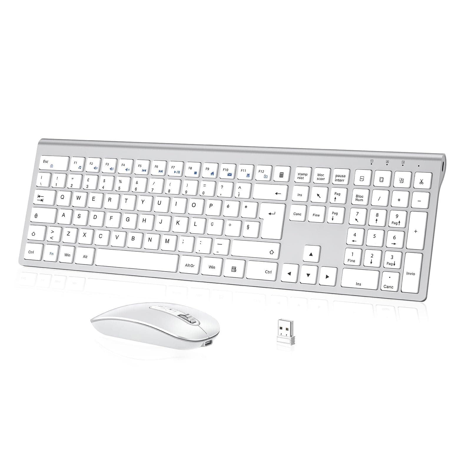 Tastiera e Mouse Wireless - cimetech Tastiera Wireless Ricaricabile 2.4G, Layout Italiano QWERTY, Tastiera Design Ergonomico, Ultra Sottile per Computer/Desktop/PC/Laptop/Windows 10/8/7 (argenteo）