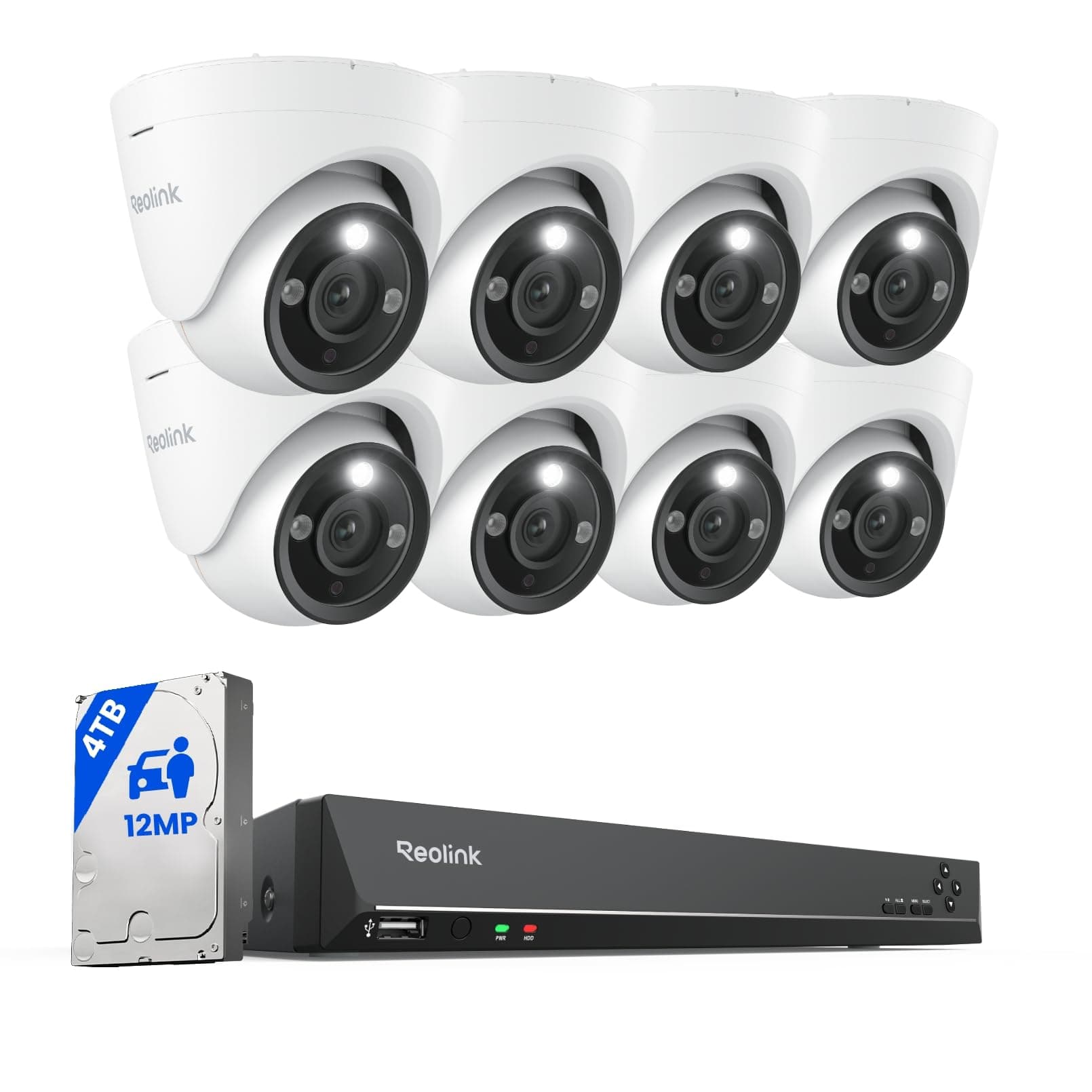 Reolink 12MP Kit Vidéo Surveillance Caméra IP PoE 8X 12MP, 16CH 4To NVR, Détection de Personne/Véhicule, Audio Bidirectionnel, avec Vision Nocturne en Couleur,RLK16-1200D8-A