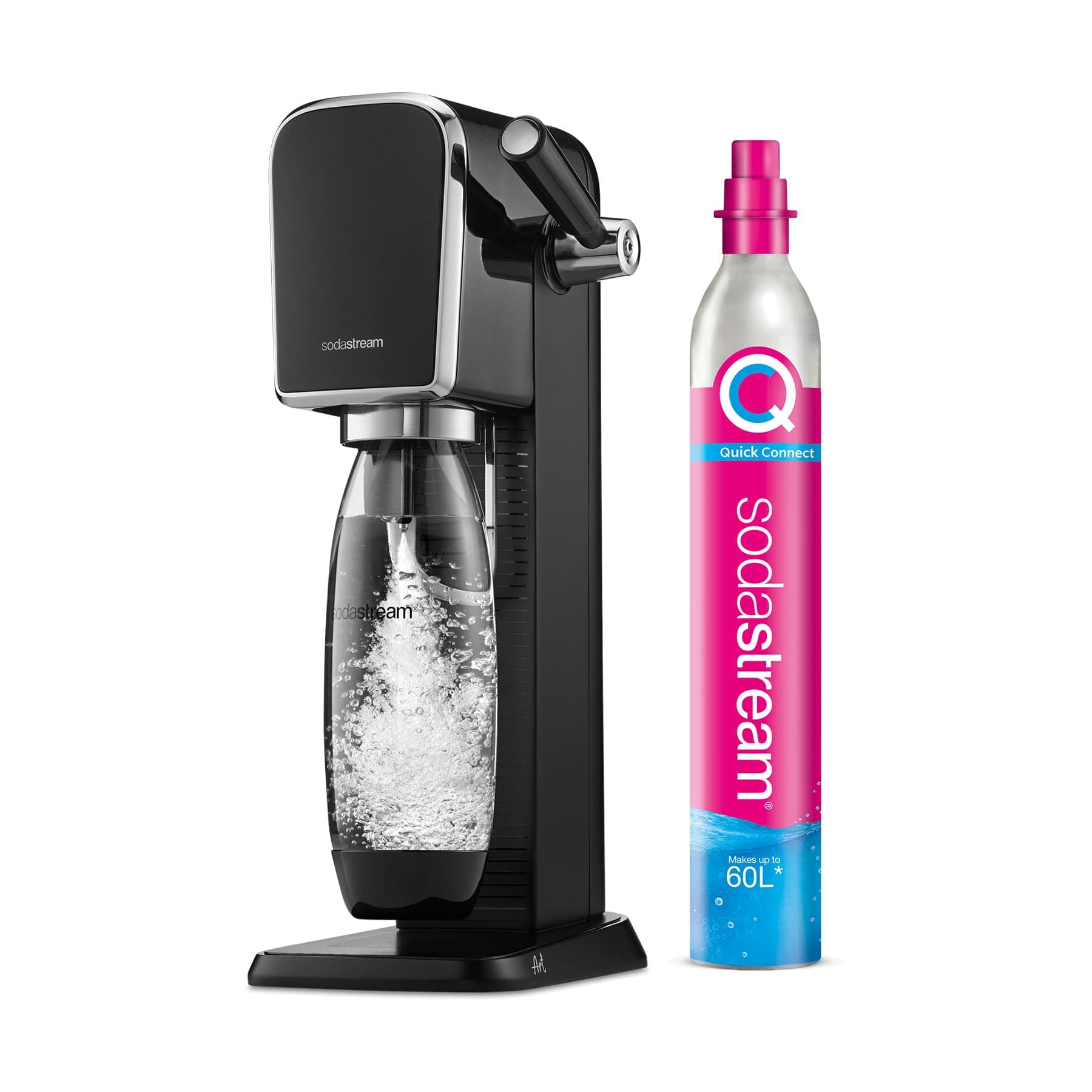 Sodastream Art – Machine à eau pétillante au design rétro avec système CO₂ Quick Connect, cylindre de gaz 60L et 1 bouteille 1L sans BPA inclus, noire