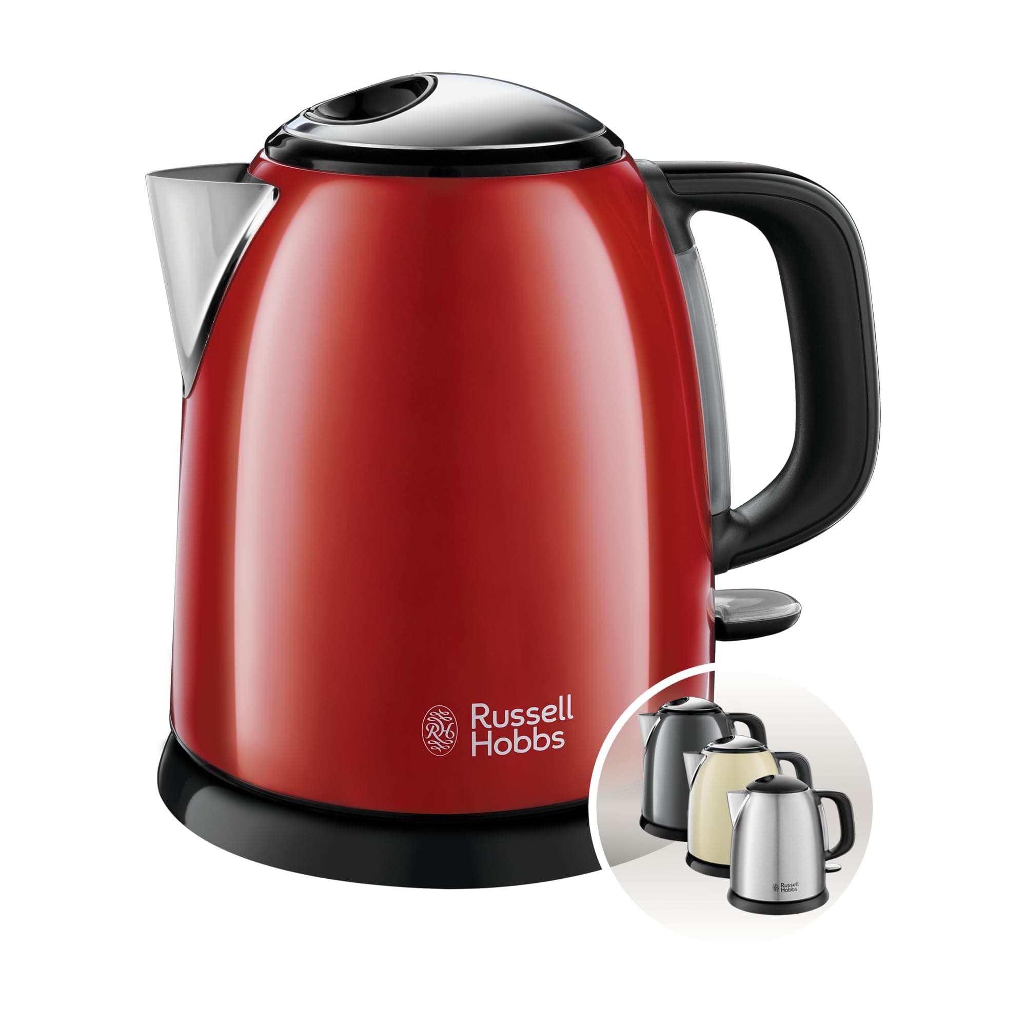Russell Hobbs Wasserkocher klein [1l] Colours+ Edelstahl Rot (2400W, Schnellkochfunktion, herausnehmbarer Kalkfilter, außenliegende Wasserstandsanzeige, kleiner Reisewasserkocher) Teekocher 24992-70