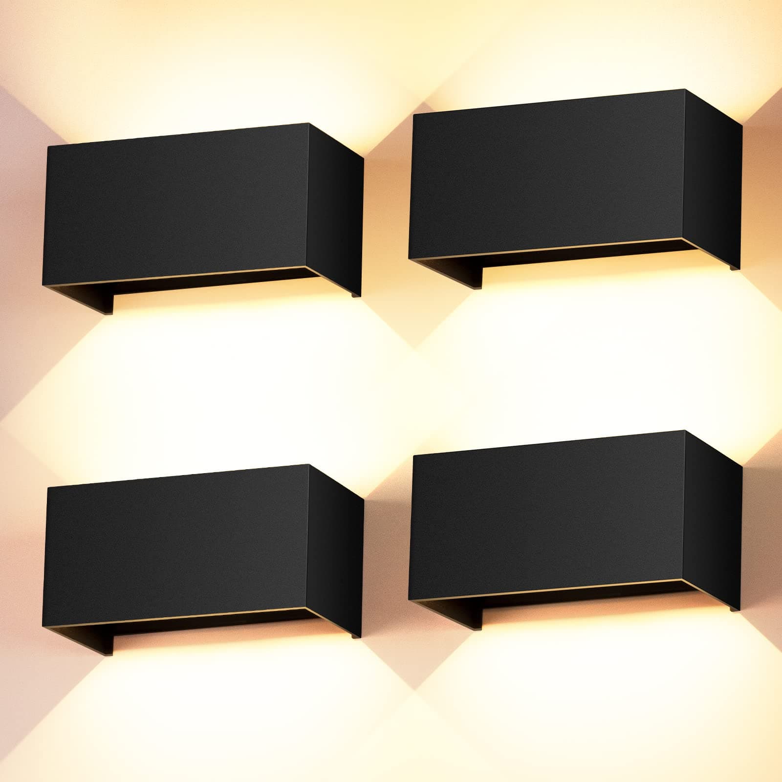 4 Pièces Applique Murale Interieur/Exterieur 24W Noire Appliques Murales LED 3000K Blanc Chaud avec Angle de Faisceau Réglable Lampe Murale Etanche IP65 Applique Exterieur