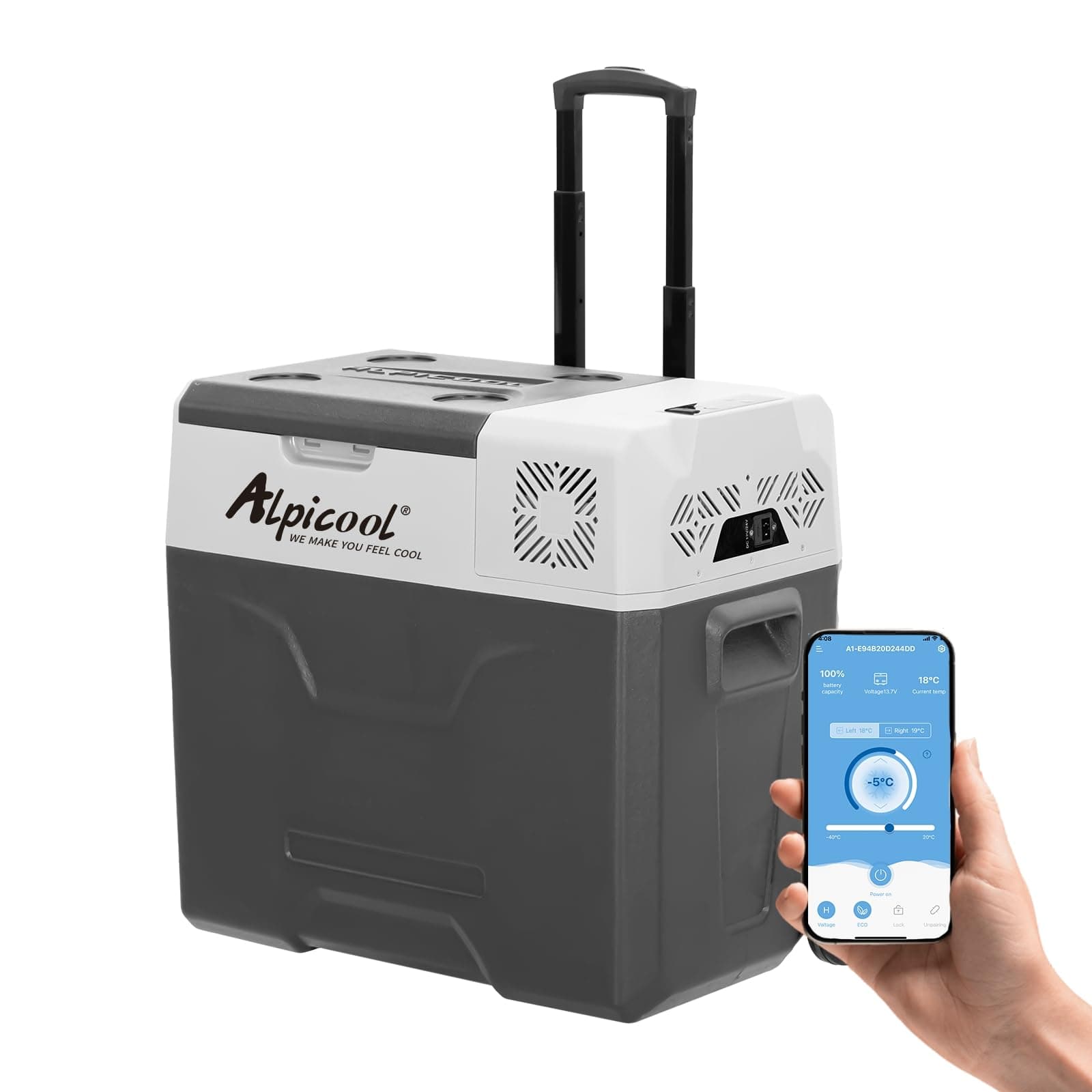 Alpicool CX50 50 litros Nevera portátil 12 V, para Coche, Camping, camión, Barco y Enchufe con conexión USB, Barra telescópica, Rueda
