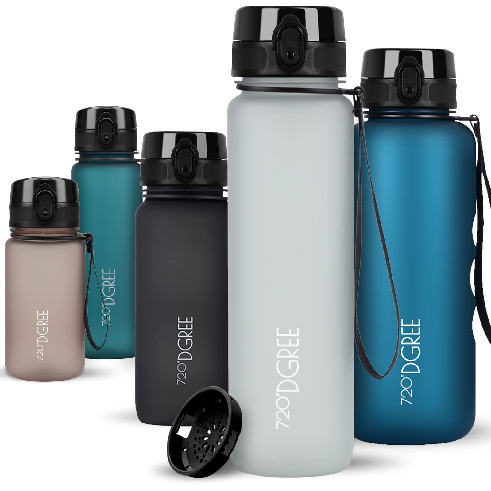 720°DGREE Trinkflasche “uberBottle“ +Sieb - 350ml, 500ml, 650ml, 1000ml, 1,5l, 2l - BPA-Frei - Wasserflasche für Sport, Schule, Kinder, Fitness, Gym, Fahrrad, Outdoor - Leichte Tritan Sportflasche