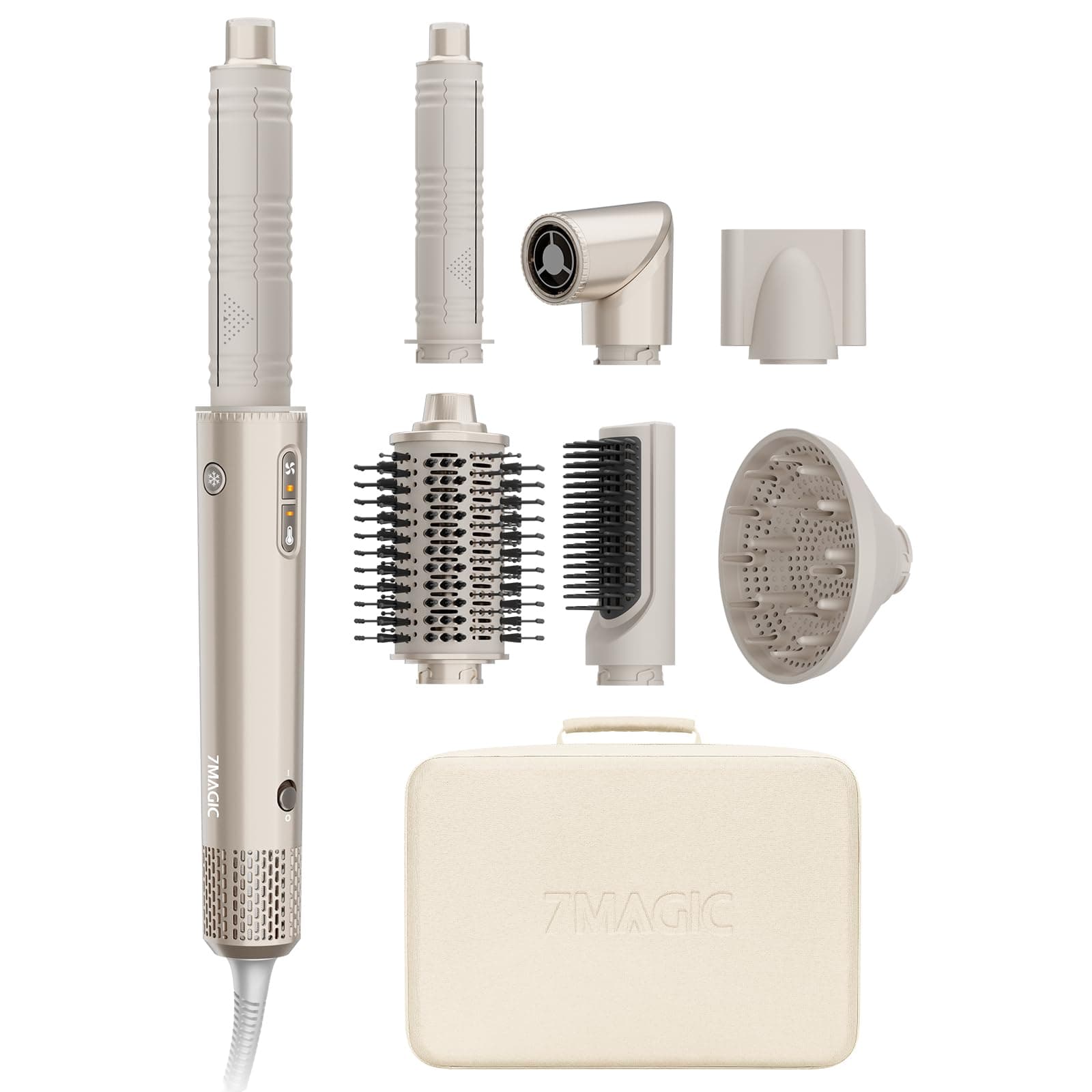7MAGIC 7 en 1 Airstyler, 1400 W, Sèche-Cheveux Ionique, Brosse à Air Chaud Professionnelle, Fer à Friser Automatique, Lisseur, pour Coiffer, Donner du Volume, Boucler et Lisser, avec Boîte de Voyage