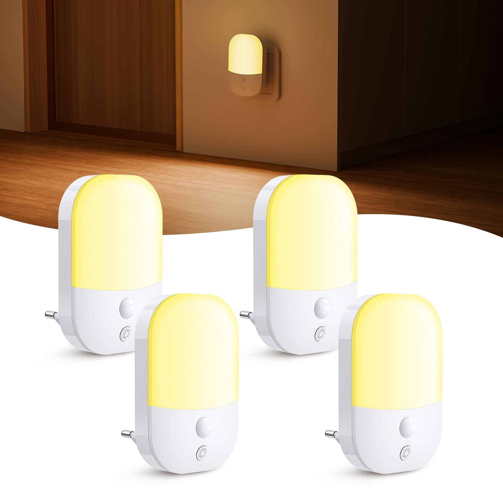 [Lot de 4] Veilleuse avec Capteur de Crépuscule, 5 Niveaux de Luminosité, ON/OFF/AUTO Modes, 3000K Blanche Chaude, 0,3W, Veilleuse LED pour Couloirs, Escaliers, Chambres, Cuisines, Salons, Garages