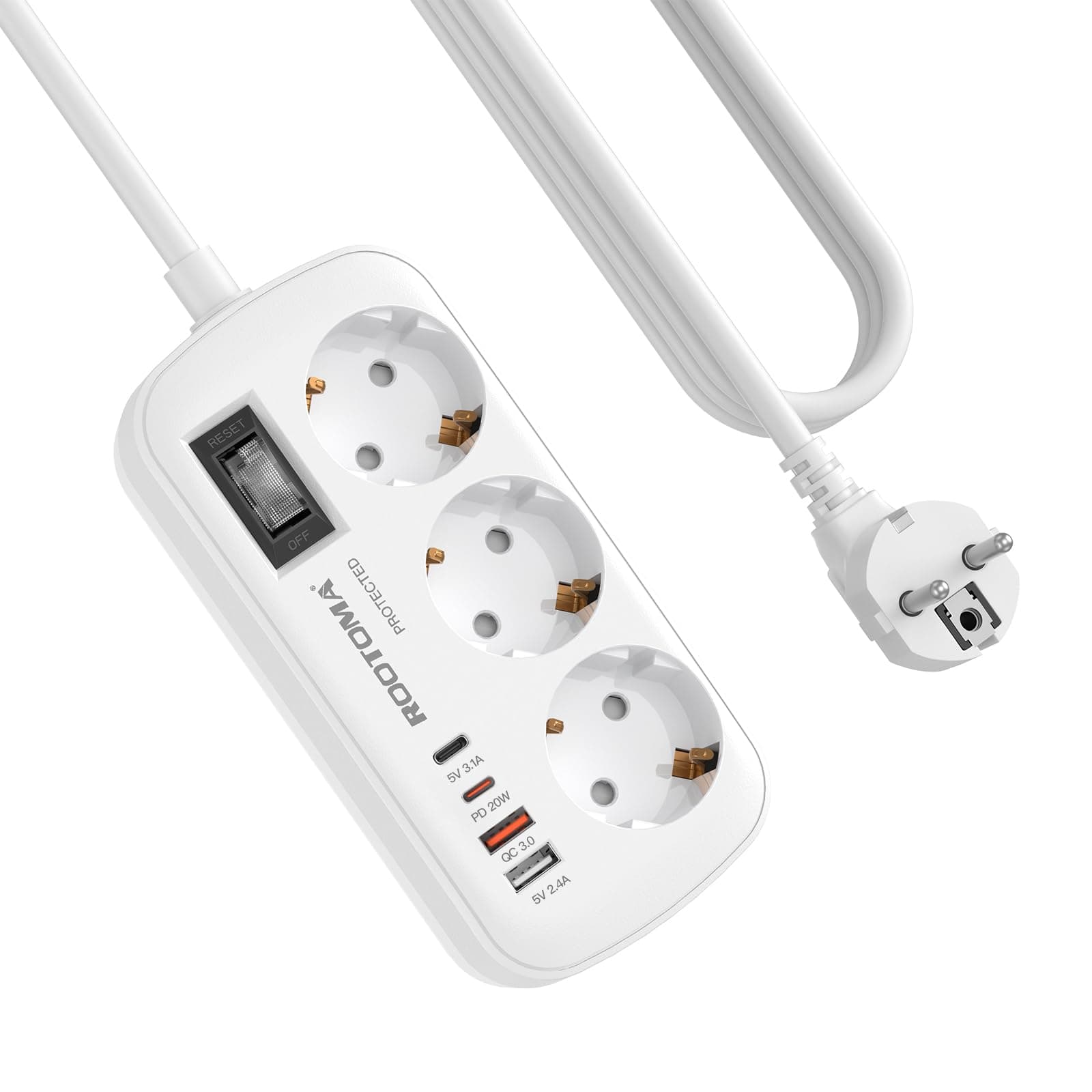 Regletas Enchufes con USB, Protección Sobretensión, 3 Tomas con Interruptor, Enchufe Múltiple de Carga 2 USB C y 2 USB A (PD 20W&QC 3.0), Cable 1.5m, Ideal para Viajes y Hogar, 16A/4000W