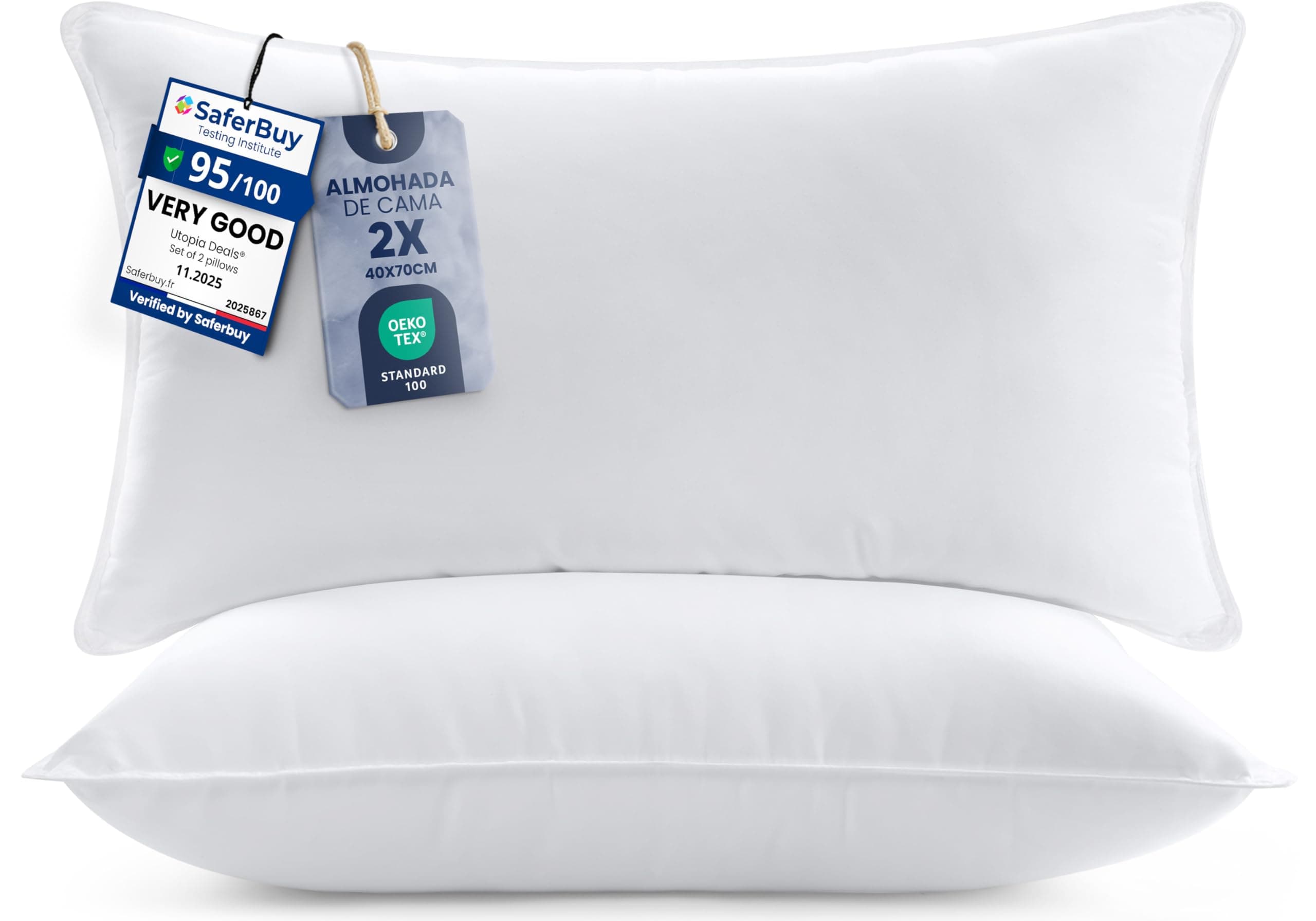 Utopia Bedding Almohadas (2 Unidades), 40 x 70 cm Almohadas de Primera, Fibra Hueca Virgen Siliconada, Almohadas Suave de Fácil Cuidado (Blanco)
