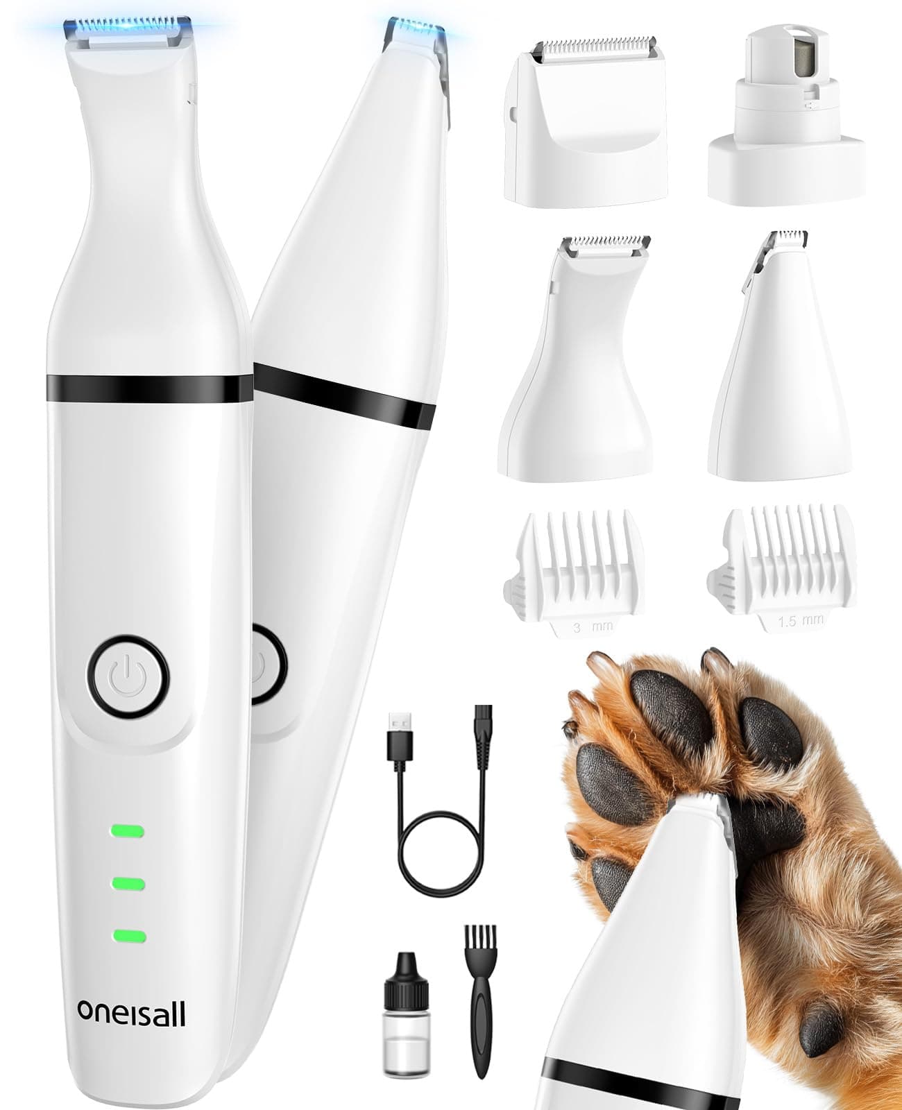 oneisall 4 en 1 silencioso Cortapelos para Perros y Gatos, cortapelos y cortauñas recargable con 4 cabezales de corte multifuncionales para todo el cuerpo