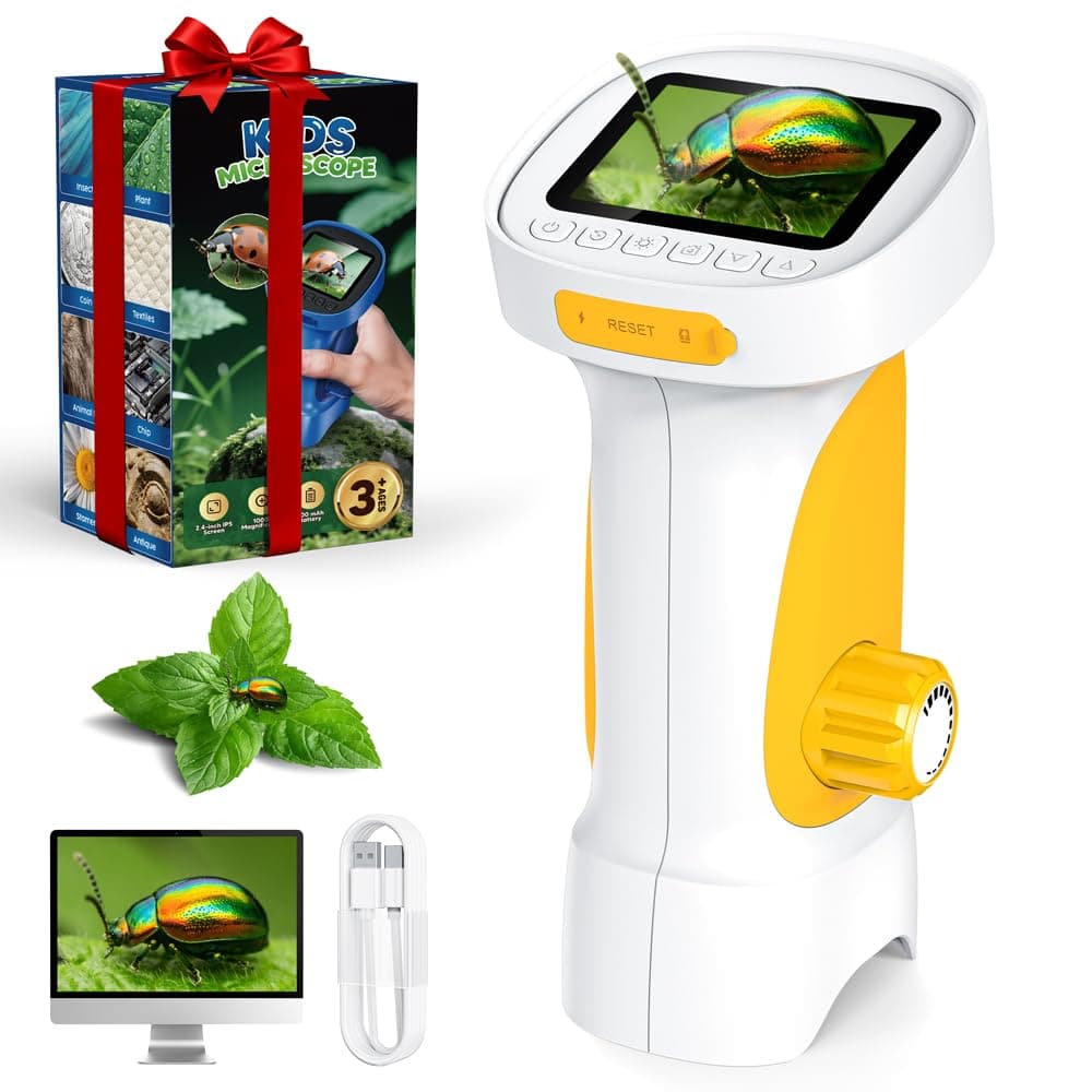 Microscope Numérique pour Enfants 1000X, Temodu 2.4 Pouces Microscope Enfant, 8 Lumières LED, Sciences de Plein air pour Les 3 Ans et Plus (White+Yellow)