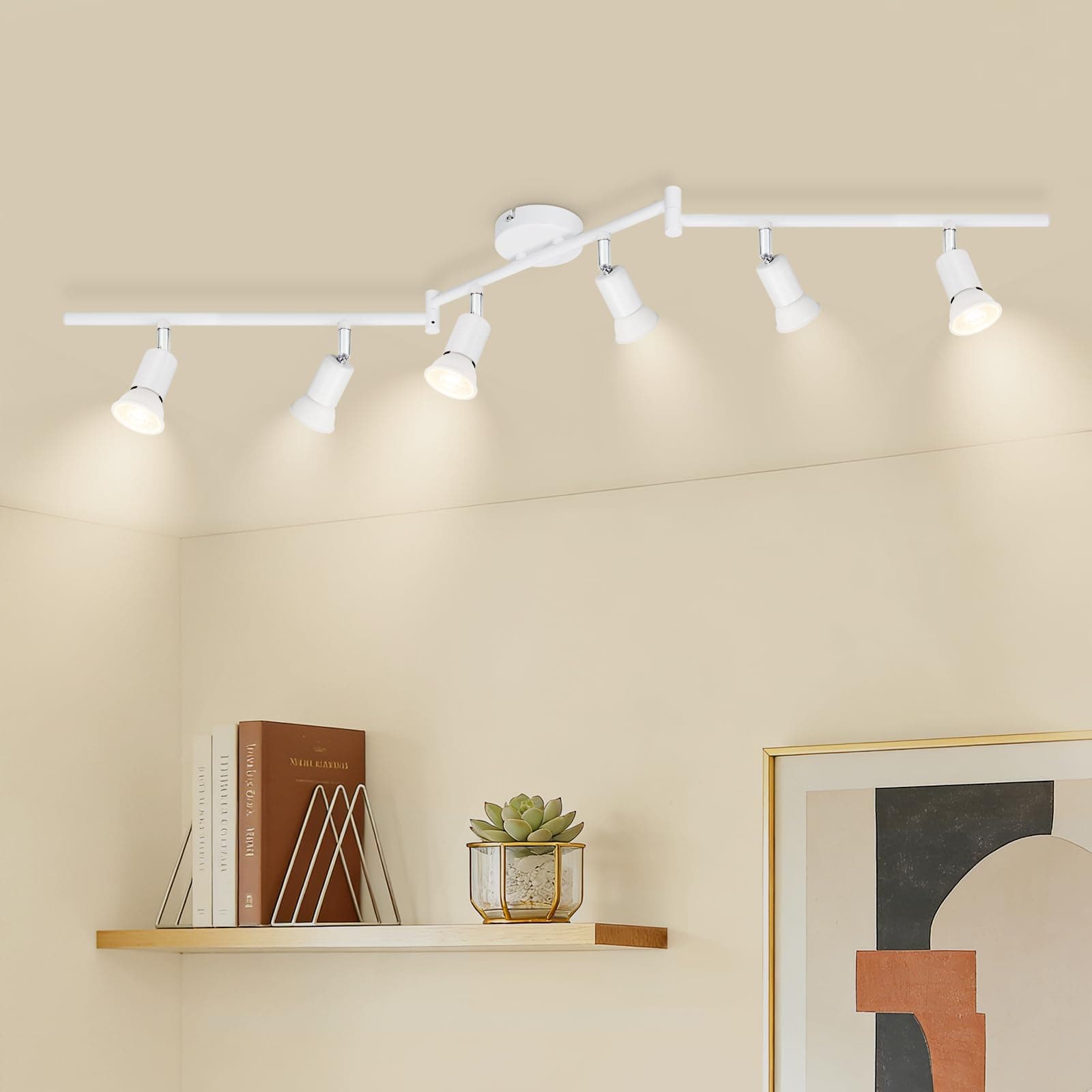 Ketom Faretti LED Soffitto GU10, Faretto LED Interno Orientabile 6 Luci | Binario Faretti Soffitto Industriale, Bianco, Lampadario Faretto Cucina, Lampade da Parete per Soggiorno, Senza Lampadina