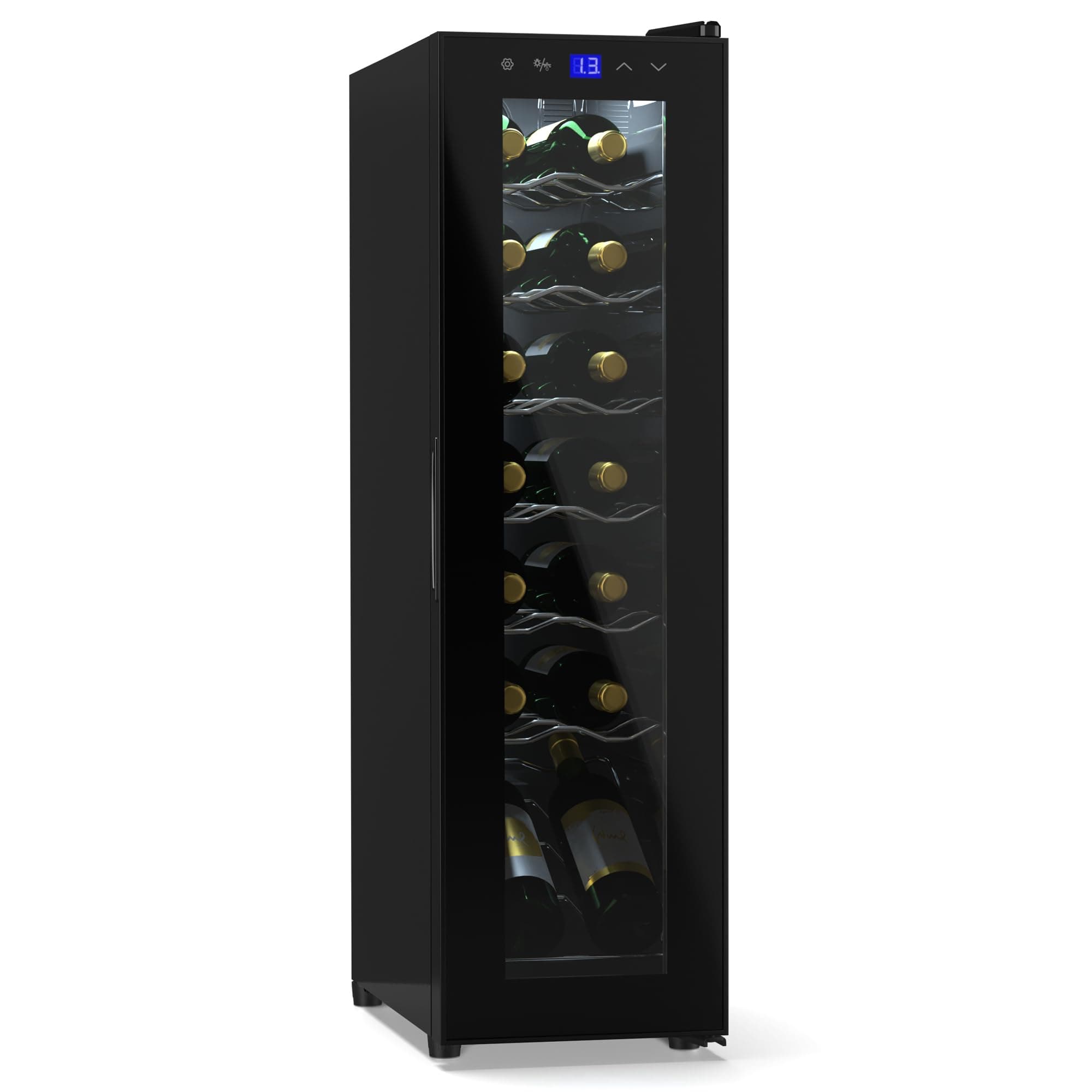 KLARSTEIN Shiraz Vinoteca Negro – 14 Botellas, 1 Zona | Nevera para Vinos de Libre Instalación, Puerta de Cristal, Silenciosa, 5–18 °C, LED, Marco Inox, Estrecha