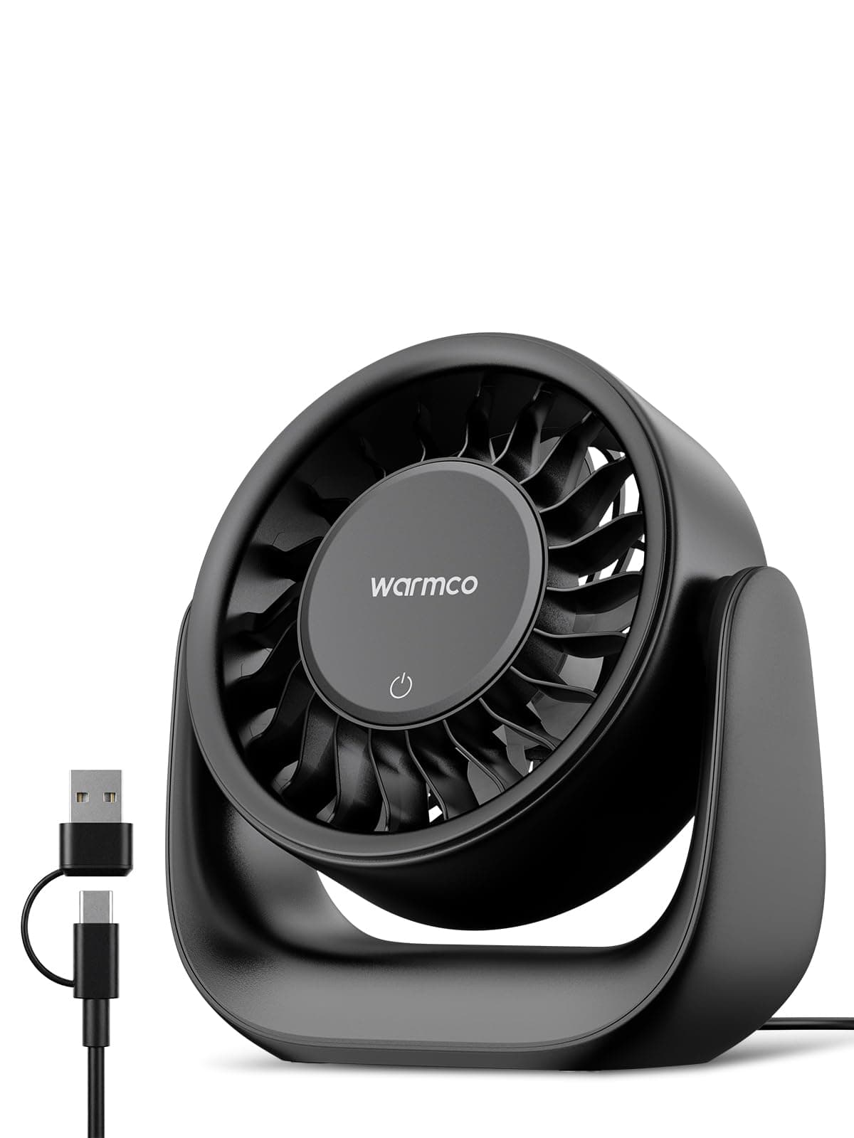 Warmco Ventilateur de Bureau USB Tactile, (Alimentation USB Seule) Petit Ventilateur Personnel, Prise USB-A & USB-C, 3 Vitesses, Flux d'Air Puissant, Silencieux pour Maison Bureau