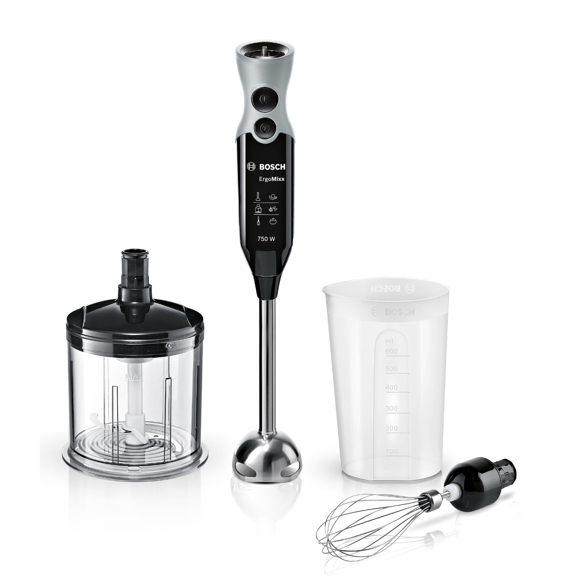 Bosch - Batidora de mano profesional, ErgoMixx, 750 W, 12+1 velocidades, QuattroBlade, Picador y vaso, Negro, MSM67160