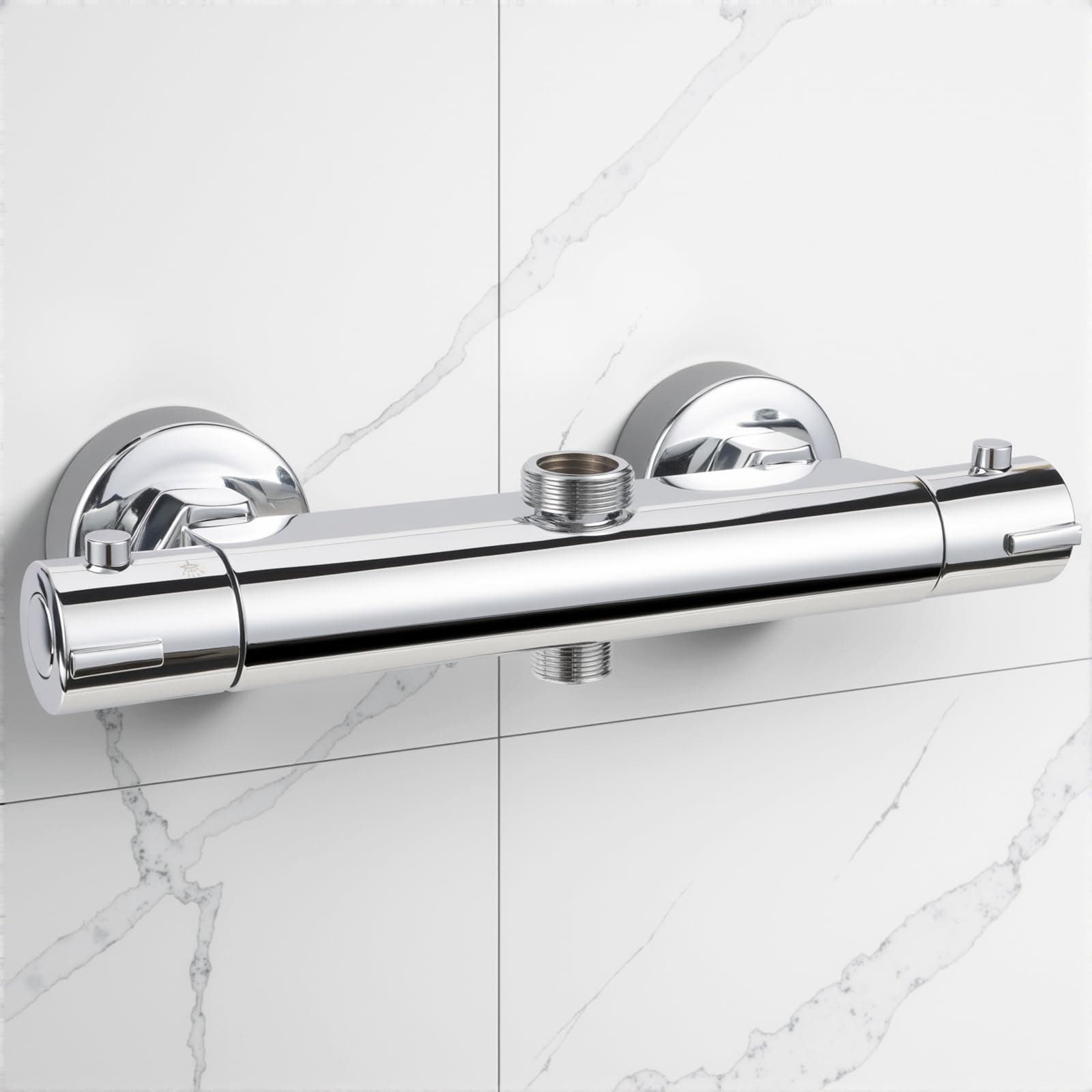 Grifo Termostático Ducha, Termostato Ducha con el Botón de Seguridad, Grifería de Bañera de Pared de 38 ℃, Grifo Ducha Termostatico de Latón Cromado de Salida Superior de 3/4" Inferior de 1/2"