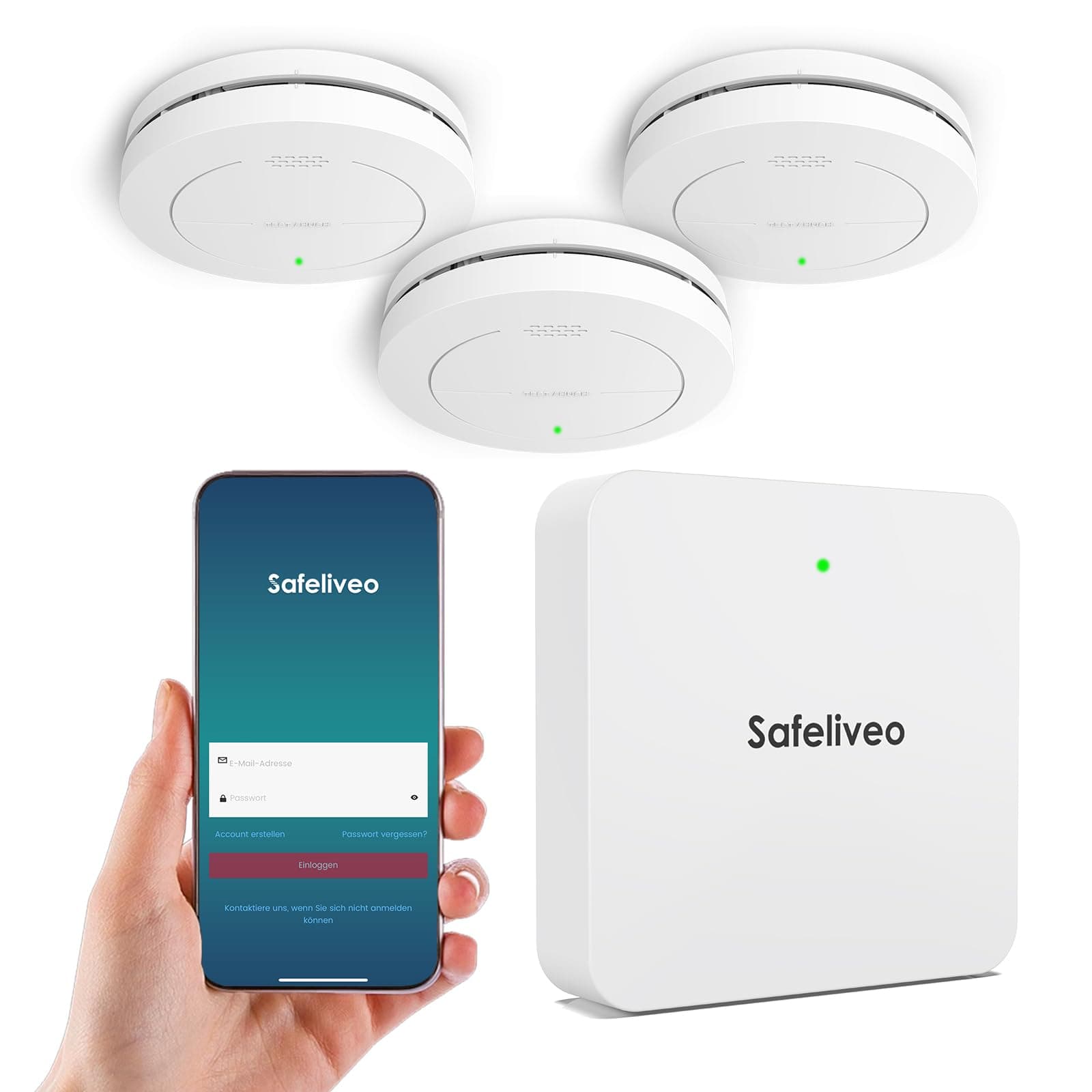 Safeliveo Detector de Humo interconectado WiFi, Detector de Humo con batería de 10 años, Juego de 3 con estación Base, Certificado TUV Rheinland, Juego de Alarma de Humo con Control por aplicación.