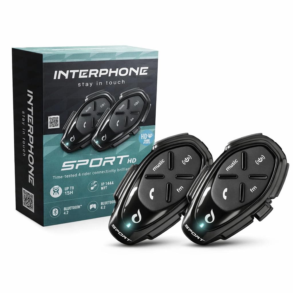 INTERPHONE Sport HD – Doble – Intercomunicador de Casco de Moto con Auriculares HD HiFi mm 40, 4 Motociclistas, Distancia 1 Km, autonomía 20 Horas – Standby 1000 Horas, TFT, GPS, Impermeable,