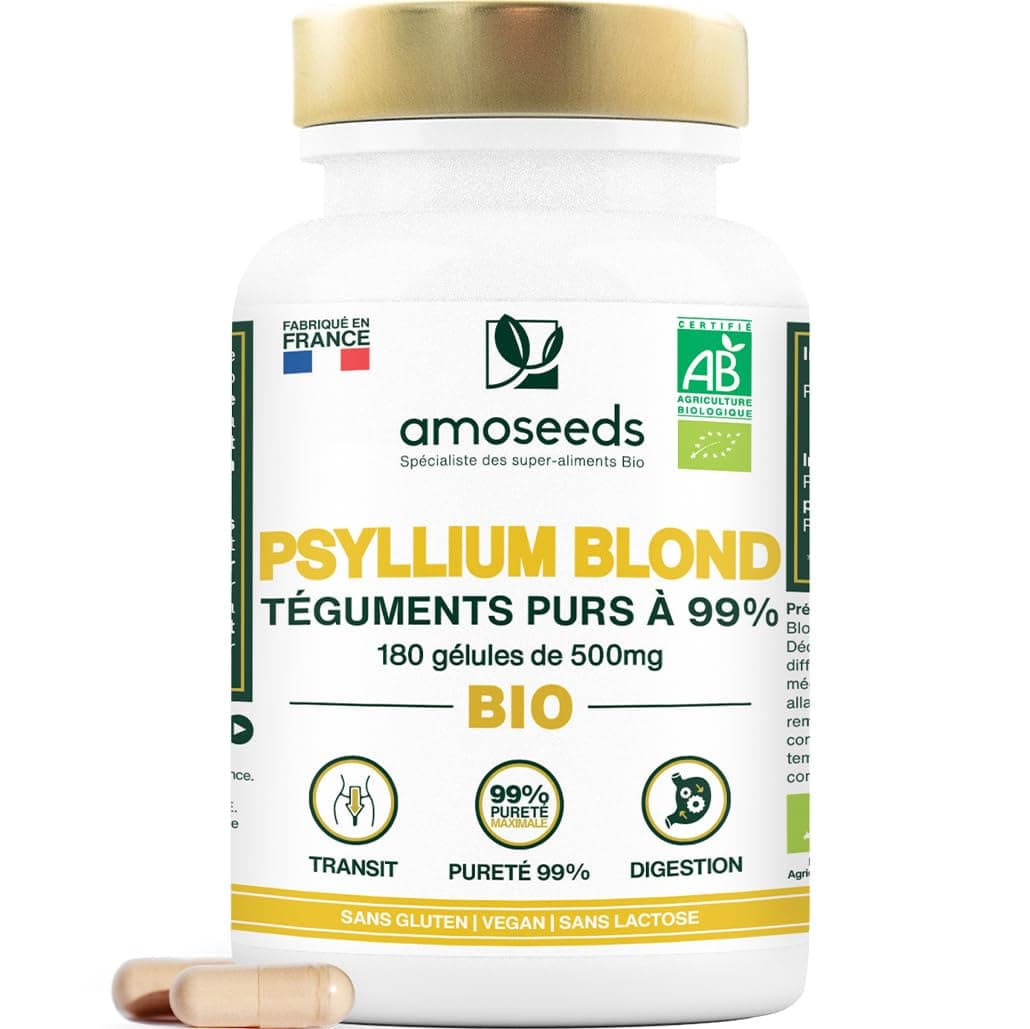 Psyllium Blond BIO, Téguments purs à 99% | 3000mg par jour | 180 gélules de 500mg | Transit, Digestion, Cœur | Qualité Supérieure