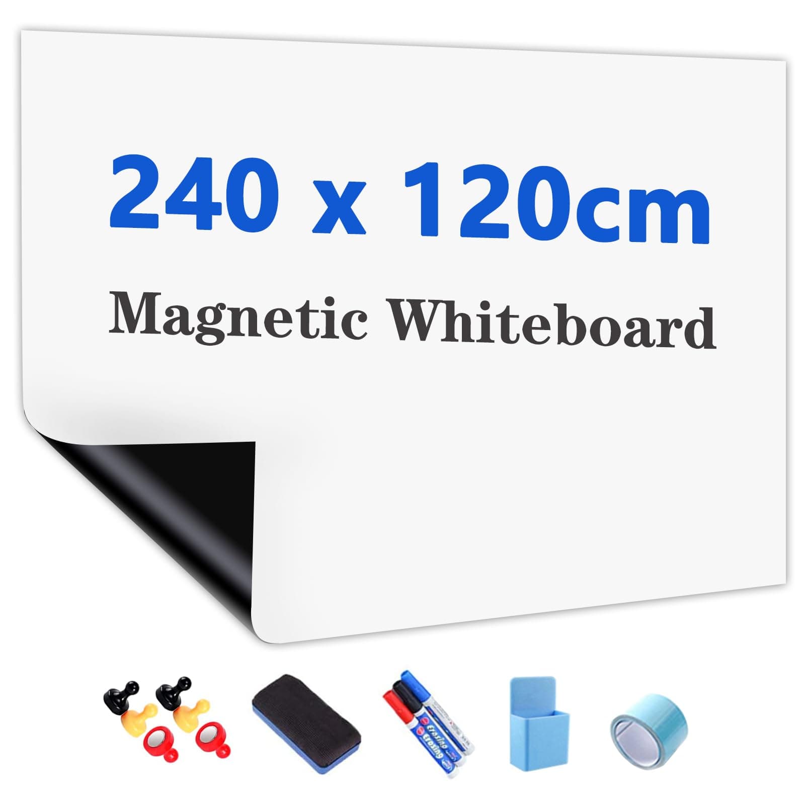 JOMUSAGA Rollo de Pizarra Blanca Magnética, 240 x 120 cm, Papel Pizarra Adhesiva para Pared, Whiteboard adecuado para Escuela, Familia y Oficina, con Rotuladores, Borrador e Imanes