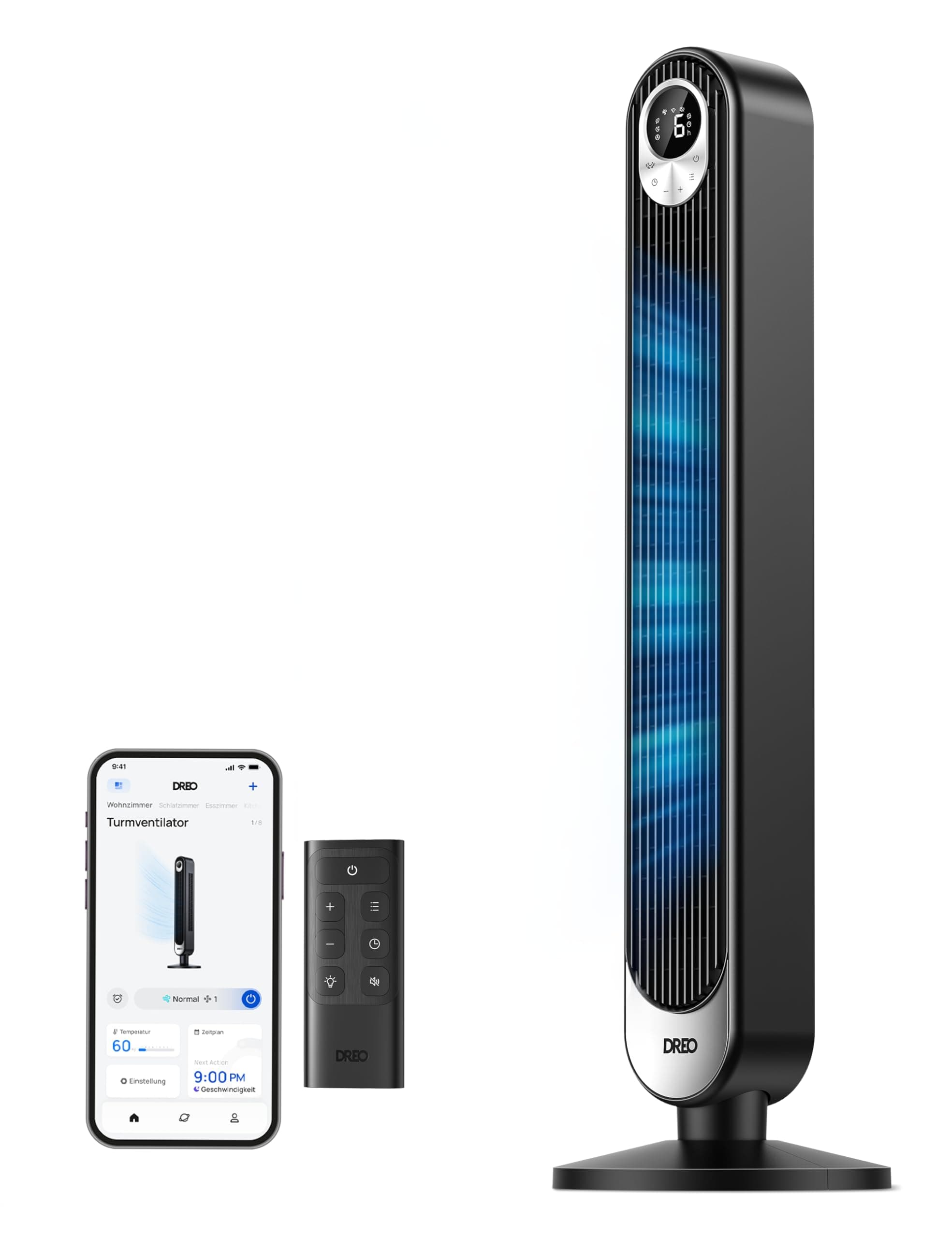 Dreo Ventilador de Torre con WiFi Alexa, Ventilador Silencioso de Pie Para Dormir con Mando a Distancia, 8,53 m/s de Velocidad, Oscilante de 90° con 9 Velocidades, 4 Modos, Temporizador de 12 Horas