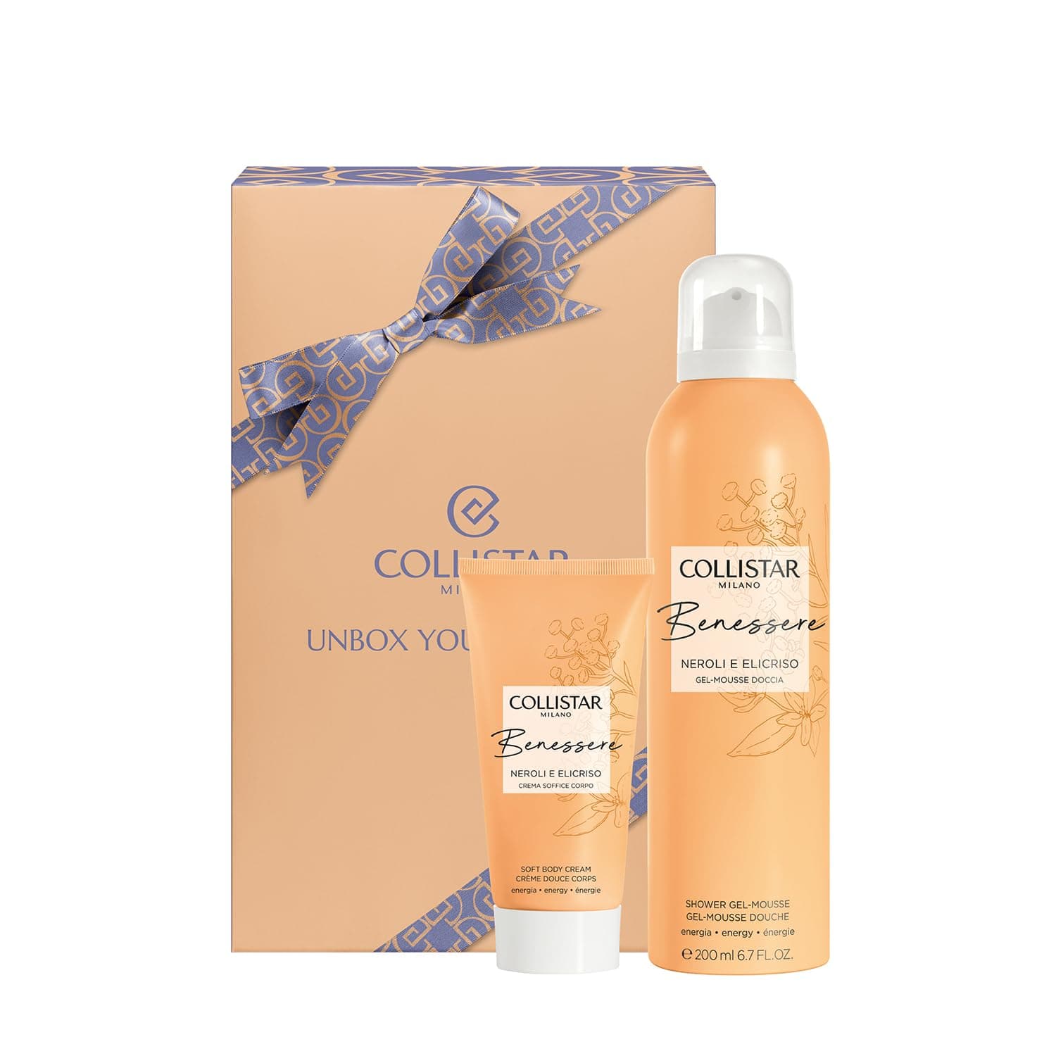 Collistar Cofanetto Regalo Donna Benessere Neroli ed Elicriso con Gel-Mousse Doccia 200ml + Crema Soffice Corpo 50ml, Idratante, Illuminante e Rigenerante