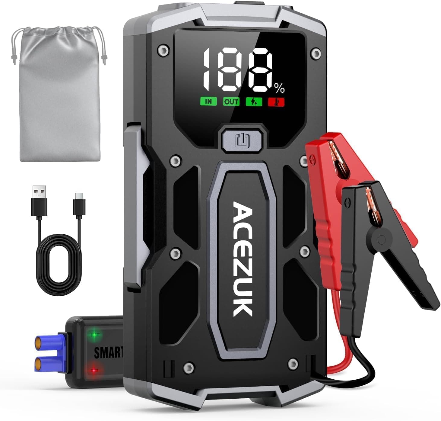 ACEZUK Arrancador de Coches 8000A, 12V Arrancador de Baterias de Coches (para 5.5L Disésel o 7.0L Gas), Jump Starter con 2.5 Inch Pantalla LCD, Clips de Seguridad Inteligentes, Luz LED