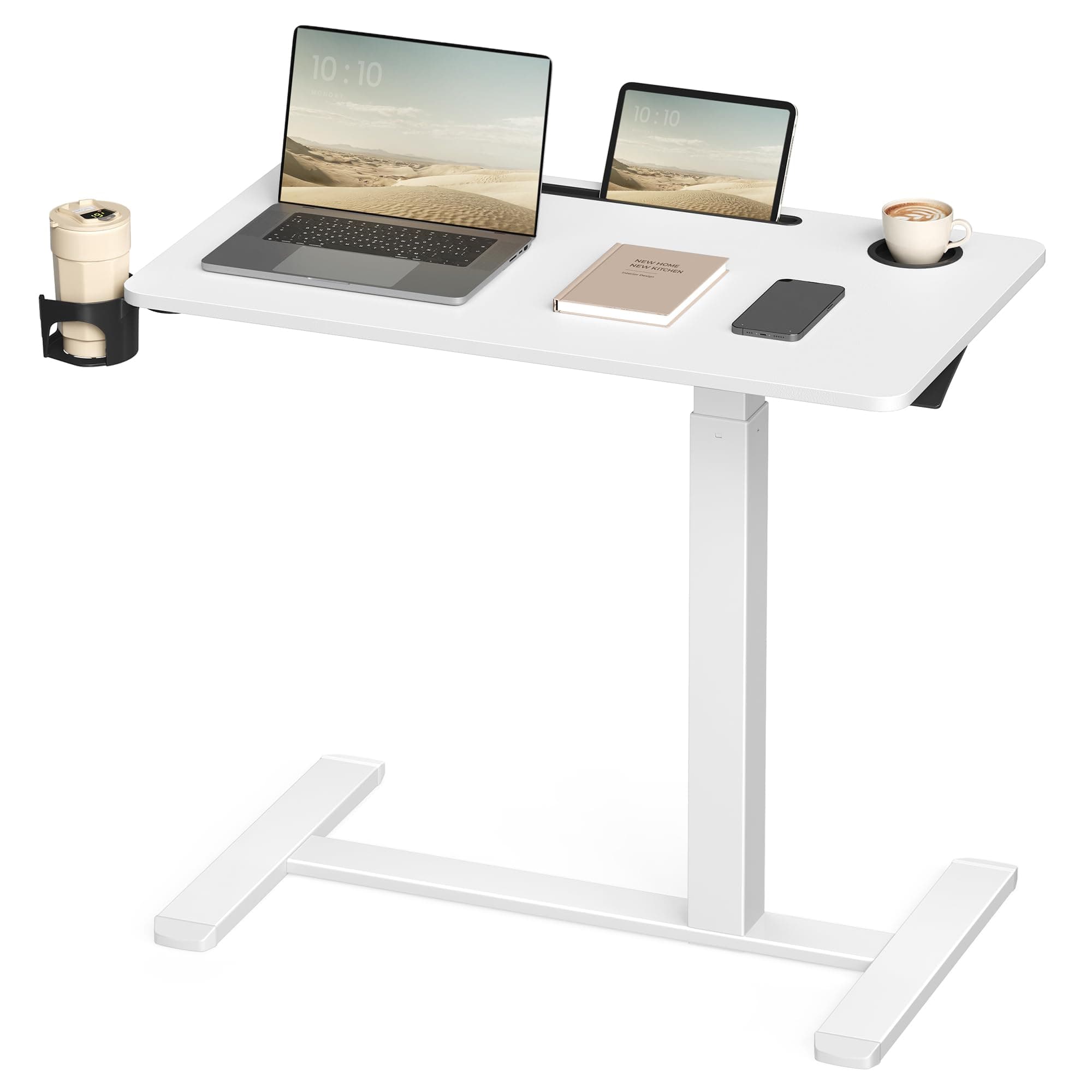 VASAGLE Scrivania con Ruote, Tavolino con Rotelle, Piano 80 x 45 cm, Regolabile in Altezza, 2 Portabicchieri, Slot per Cellulare o Tablet, Bianco Nuvola LSD601W01