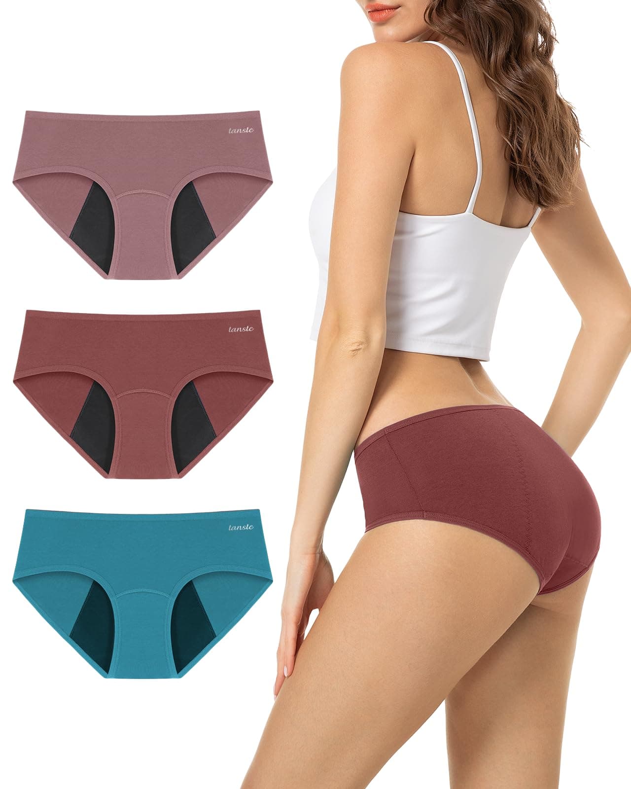 TANSTC Mutande Mestruali Donna Cotone, 4 Strati Mutandine Assorbenti A Prova di Perdite, Assorbenti e Riutilizzabili, 3 Pack