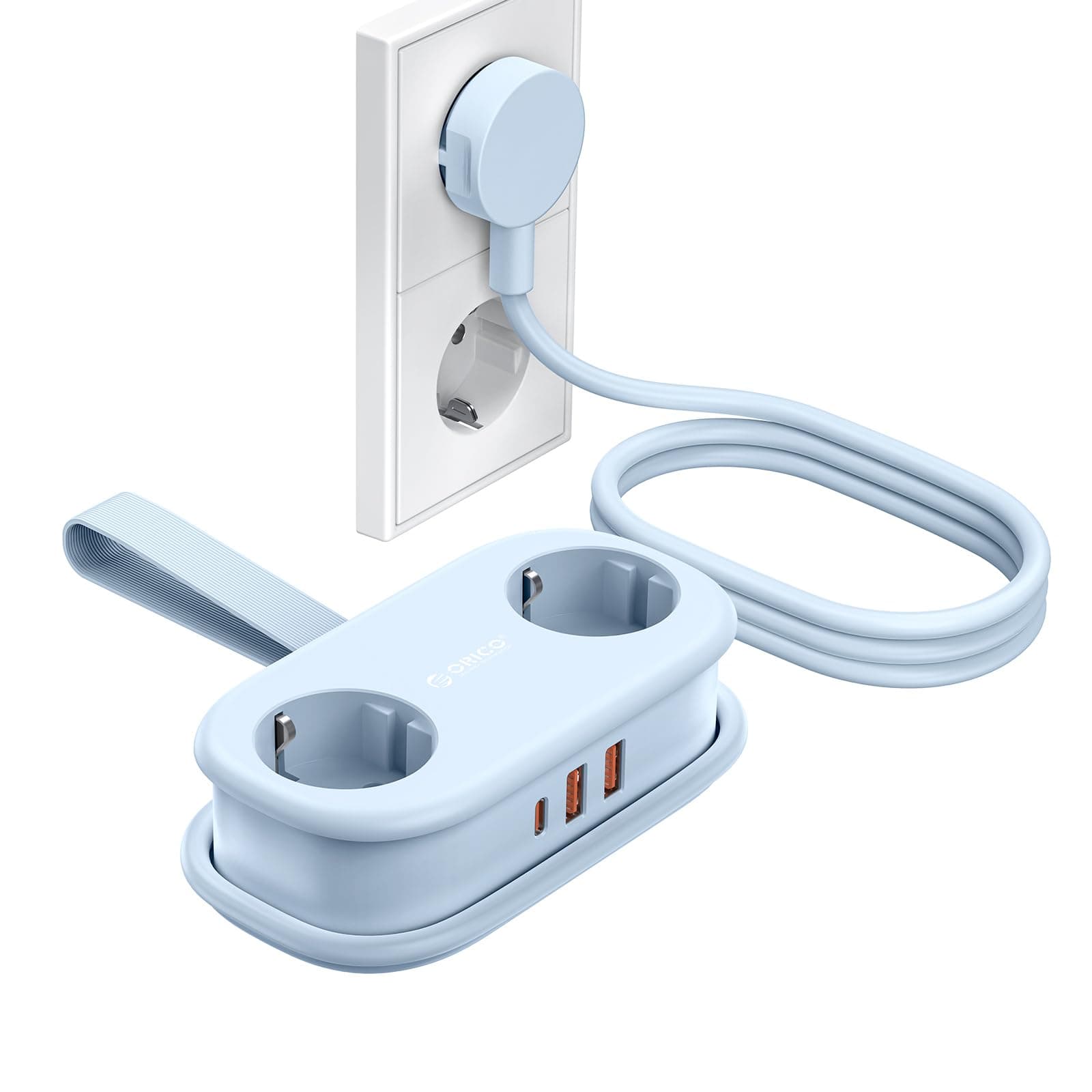 ORICO Steckdosenleiste mit USB C PD 20W, 2 Fächern Reise-Mehrfachsteckdose und 3 USB (1 USB C) Ladeanschlüssen Kompatibel mit Telefon, mit 1,5m Kabel für das Home Office auf dem Schiff (AP3-Blau)